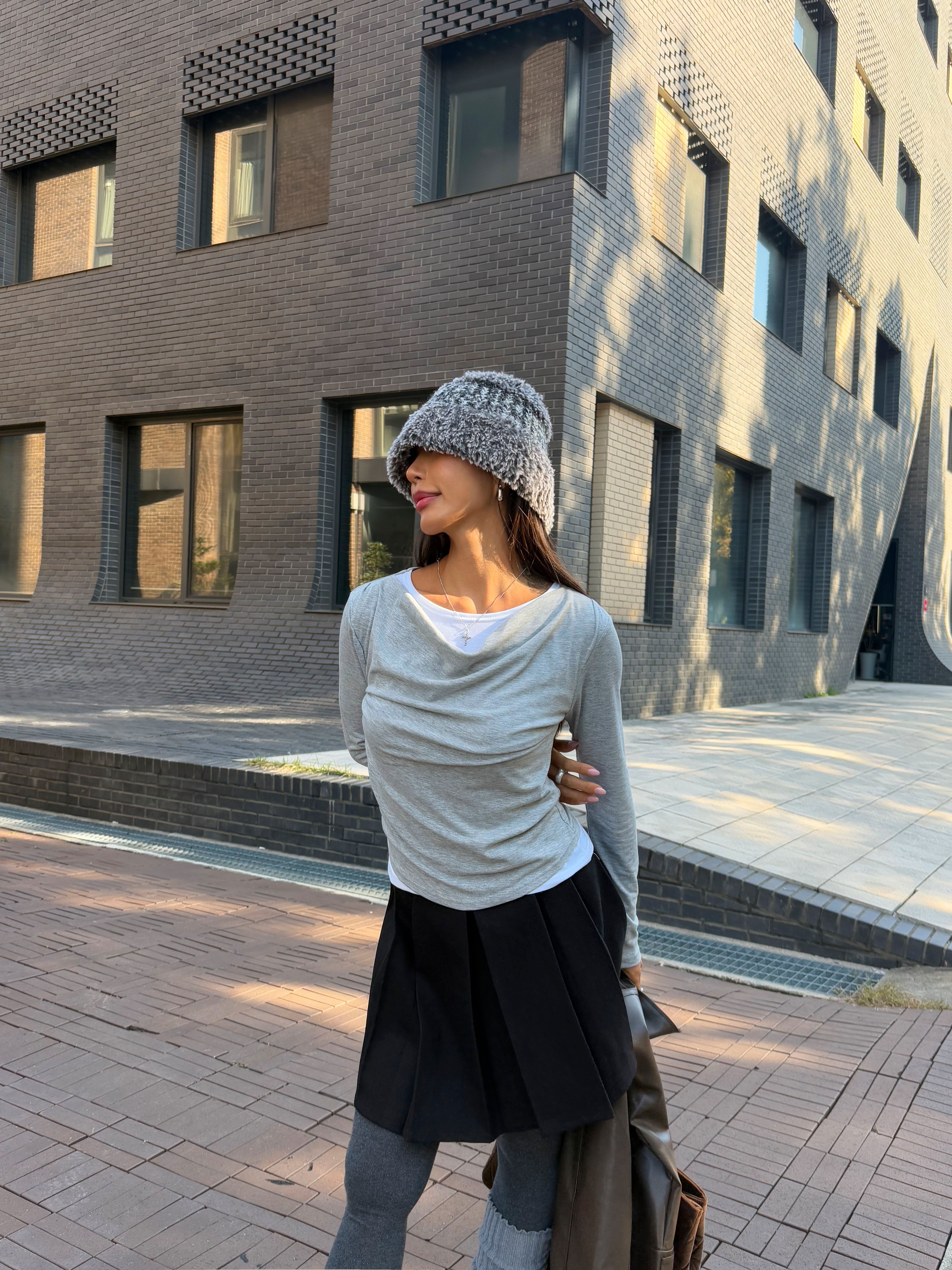 裏起毛配色スリムレイヤード風長袖ギャザーTシャツ | 詳細画像2