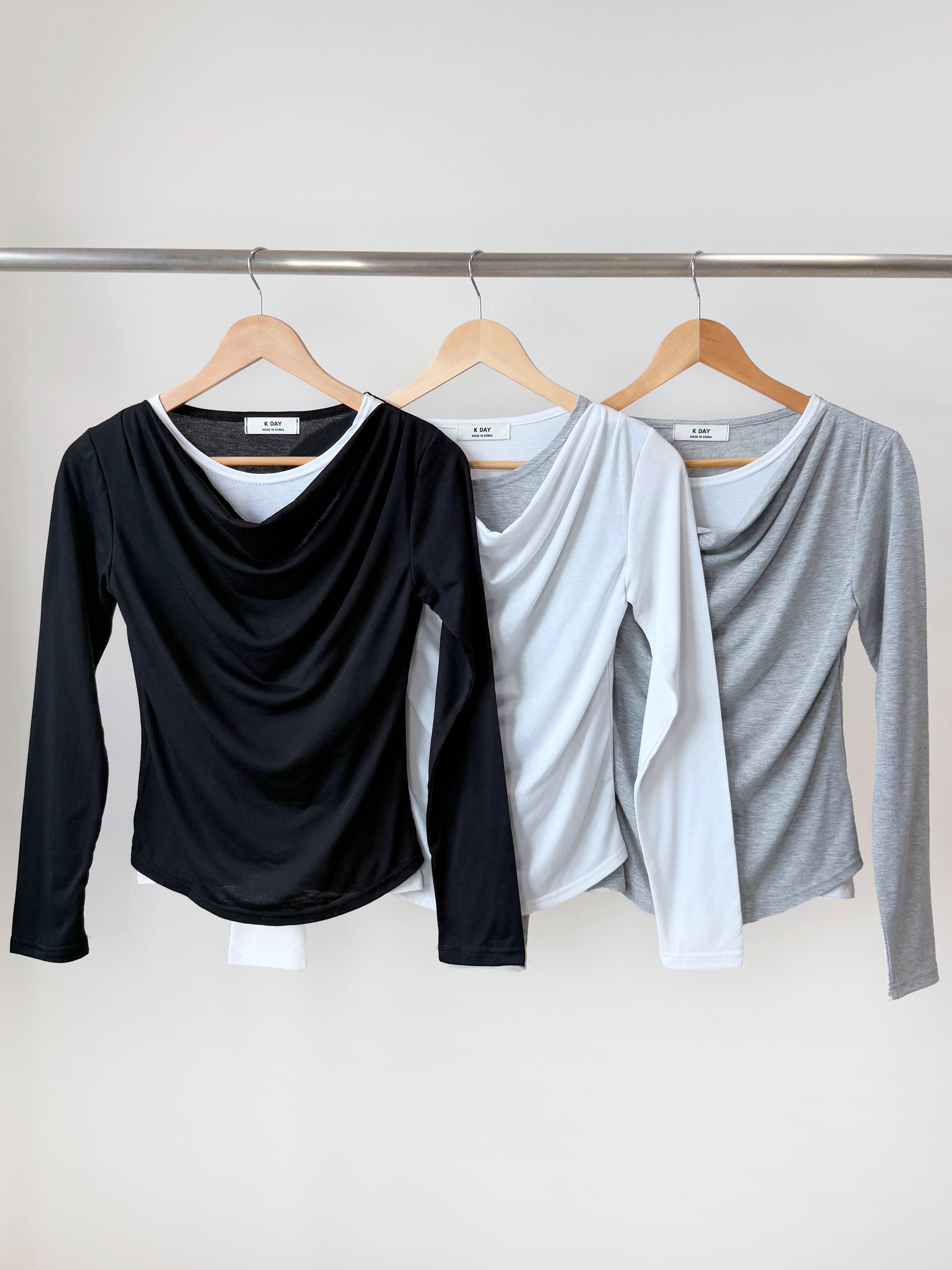 裏起毛配色スリムレイヤード風長袖ギャザーTシャツ | 詳細画像14