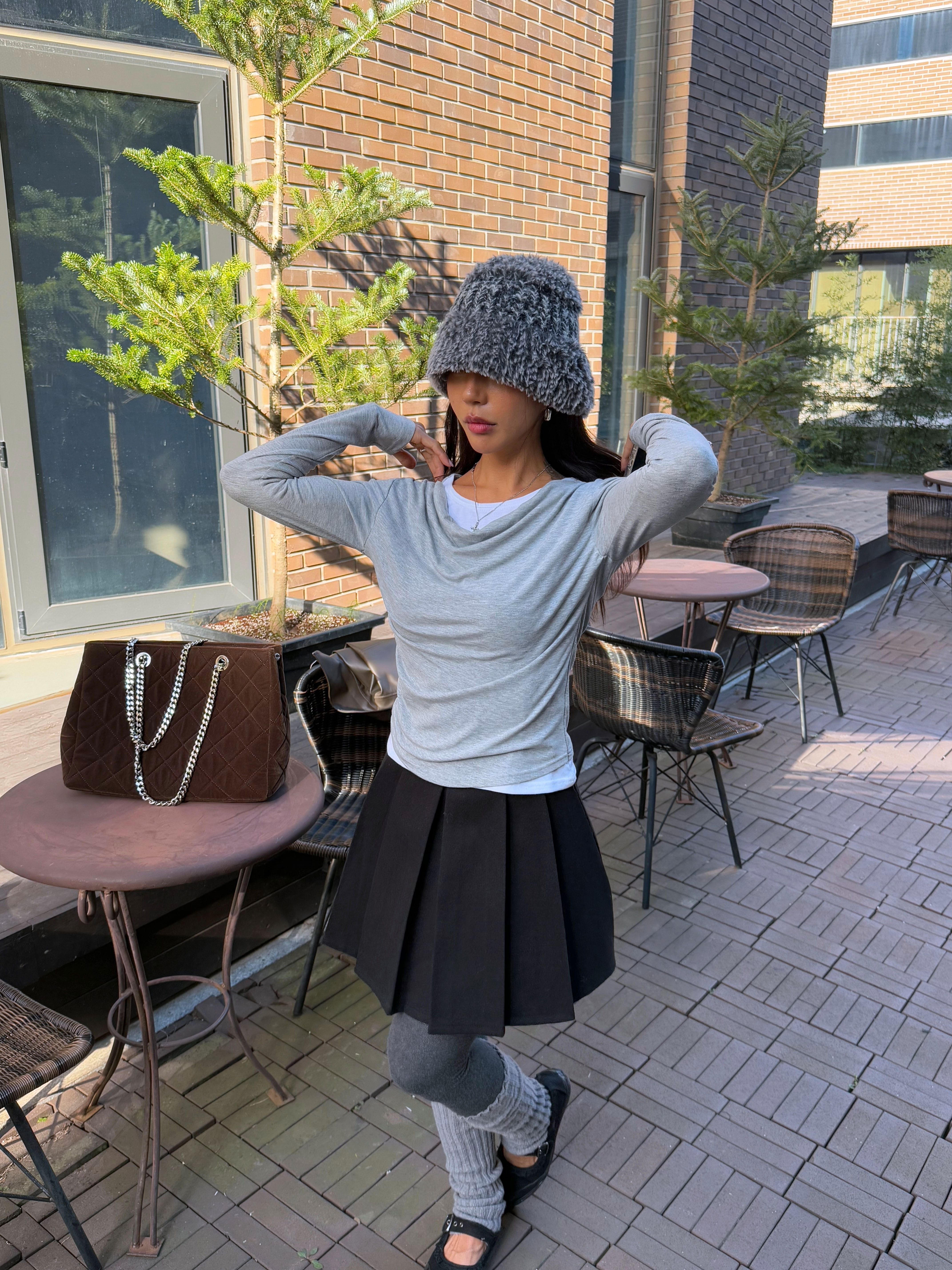 裏起毛配色スリムレイヤード風長袖ギャザーTシャツ | 詳細画像3