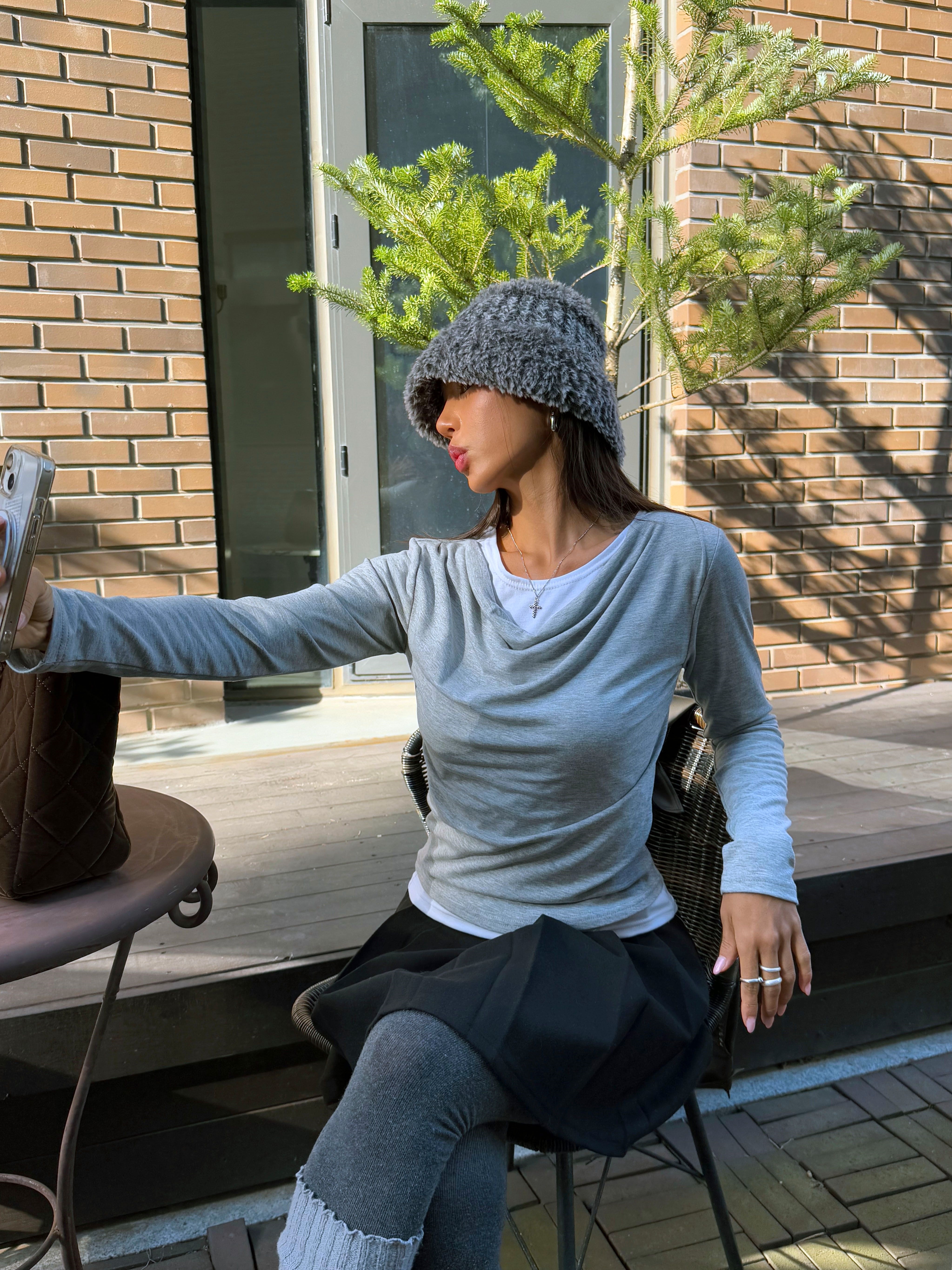 裏起毛配色スリムレイヤード風長袖ギャザーTシャツ | 詳細画像6