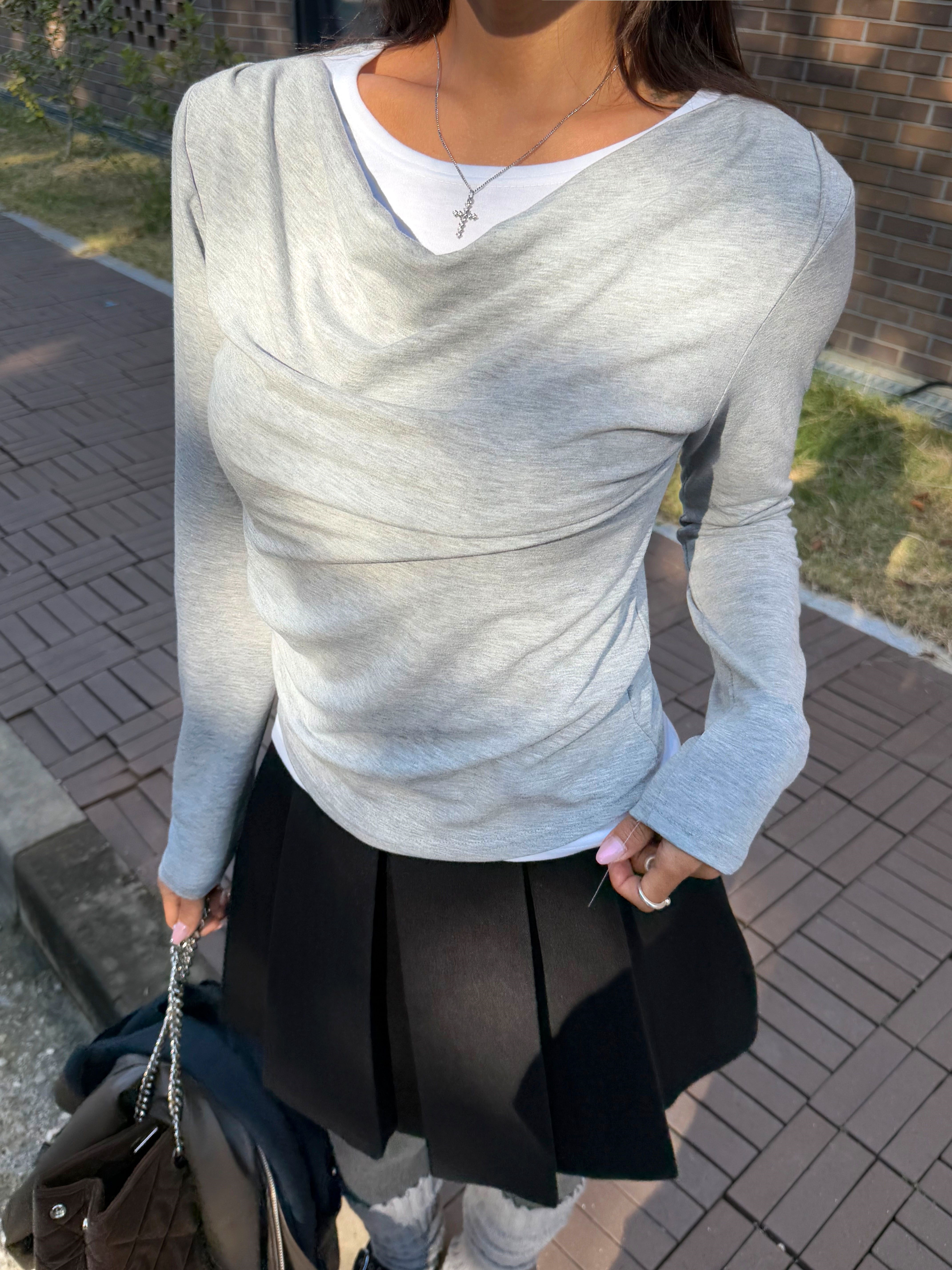 裏起毛配色スリムレイヤード風長袖ギャザーTシャツ | 詳細画像8