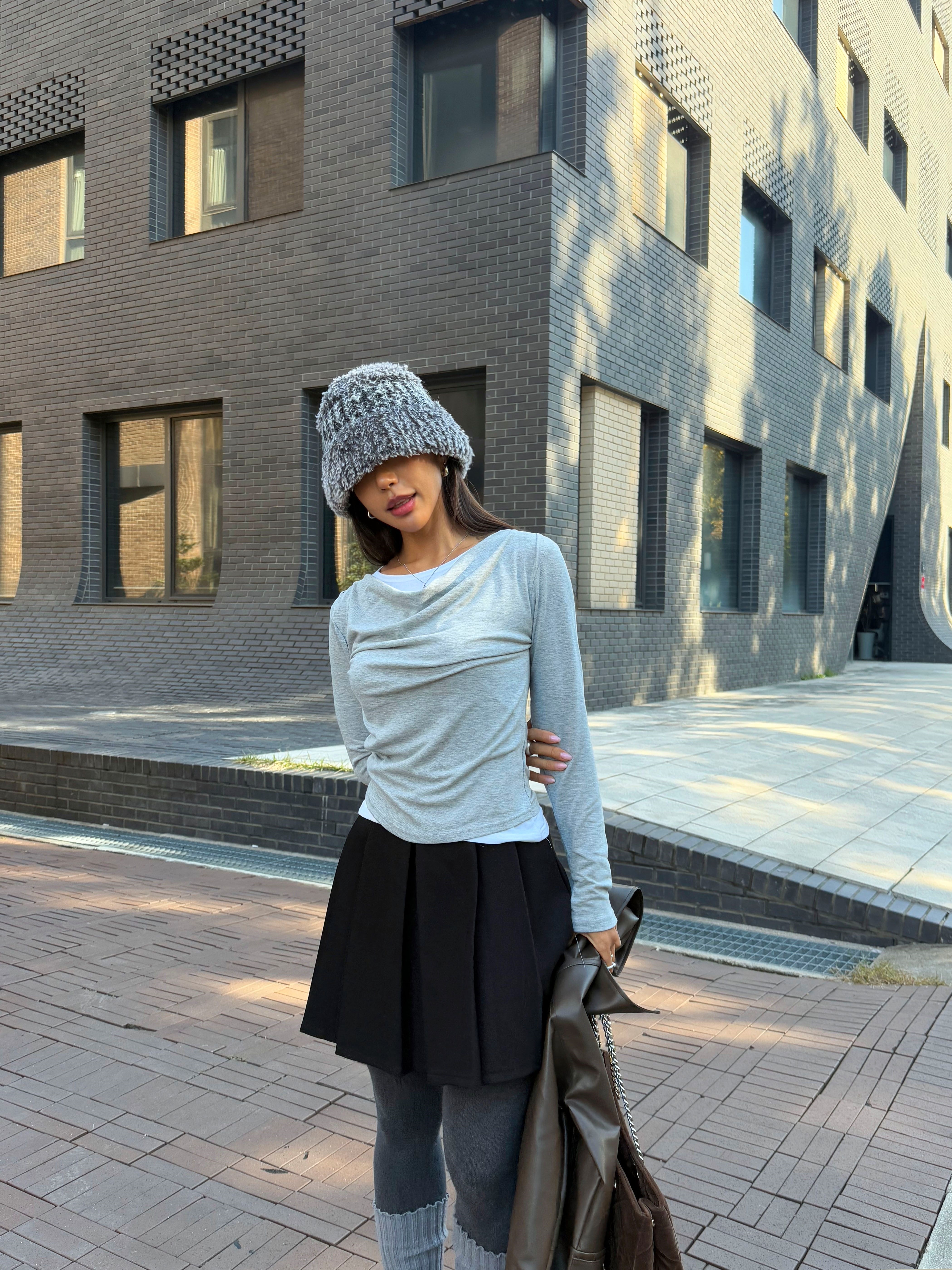 裏起毛配色スリムレイヤード風長袖ギャザーTシャツ | 詳細画像9