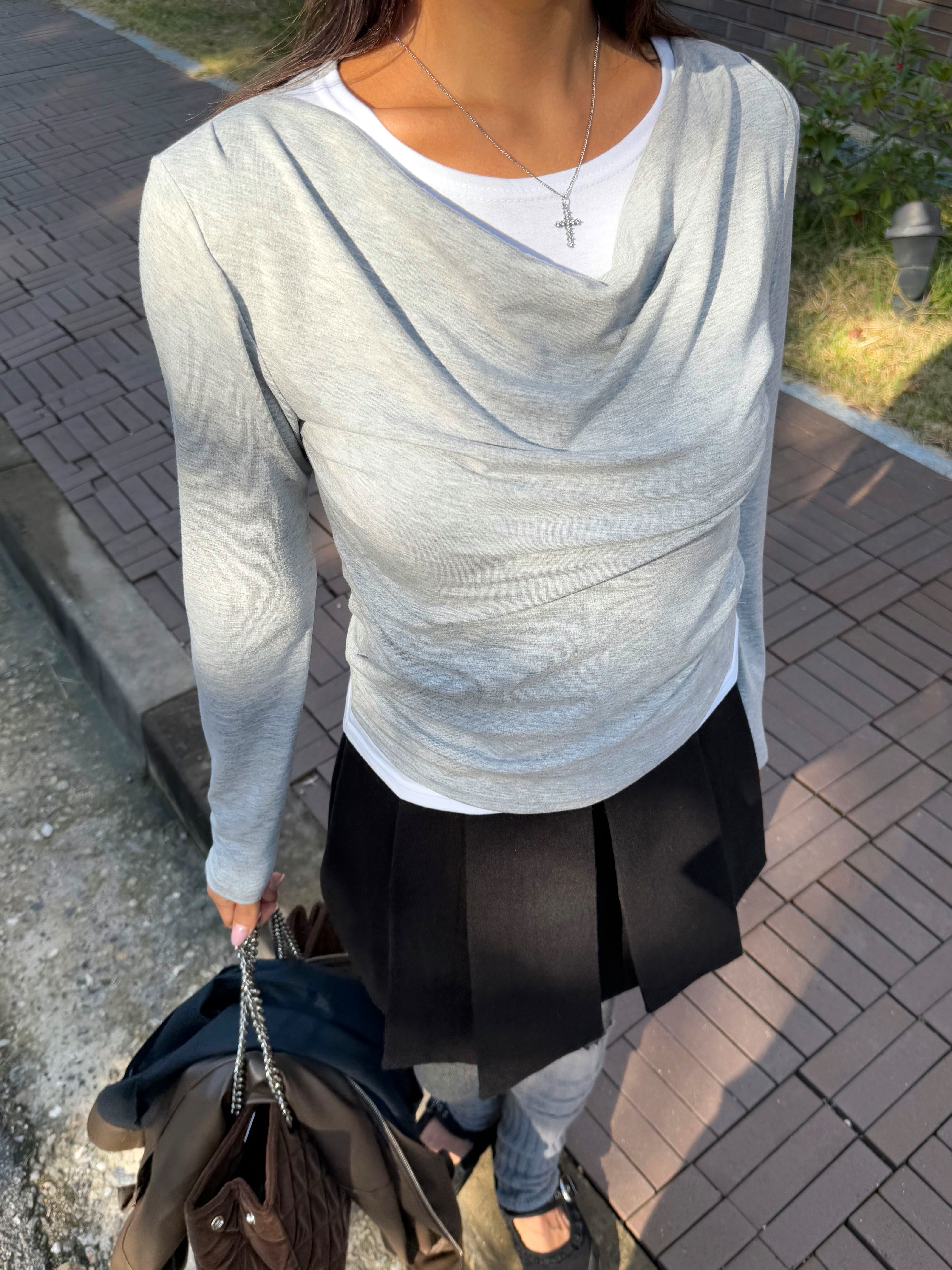 裏起毛配色スリムレイヤード風長袖ギャザーTシャツ | 詳細画像10