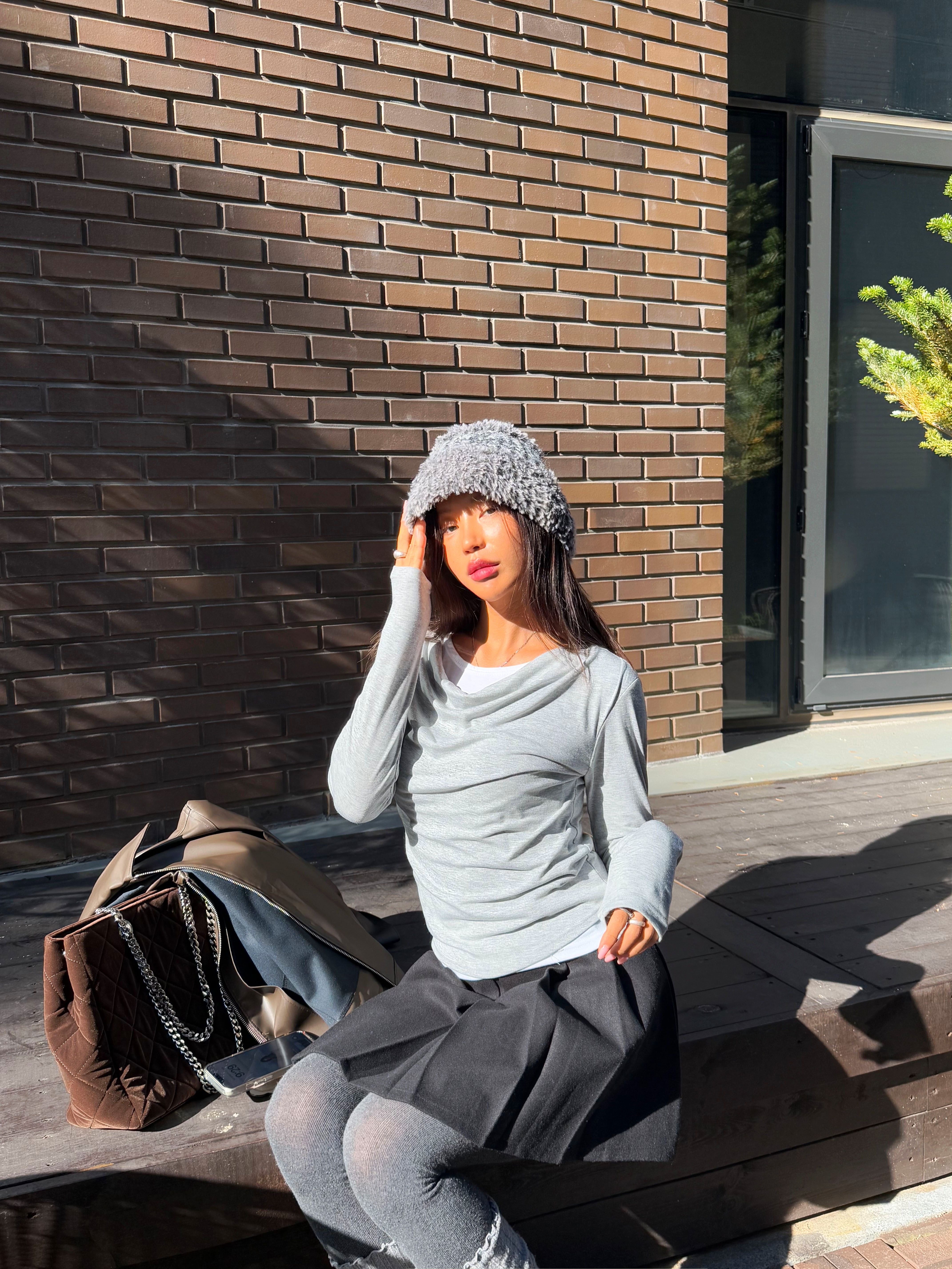 裏起毛配色スリムレイヤード風長袖ギャザーTシャツ | 詳細画像12