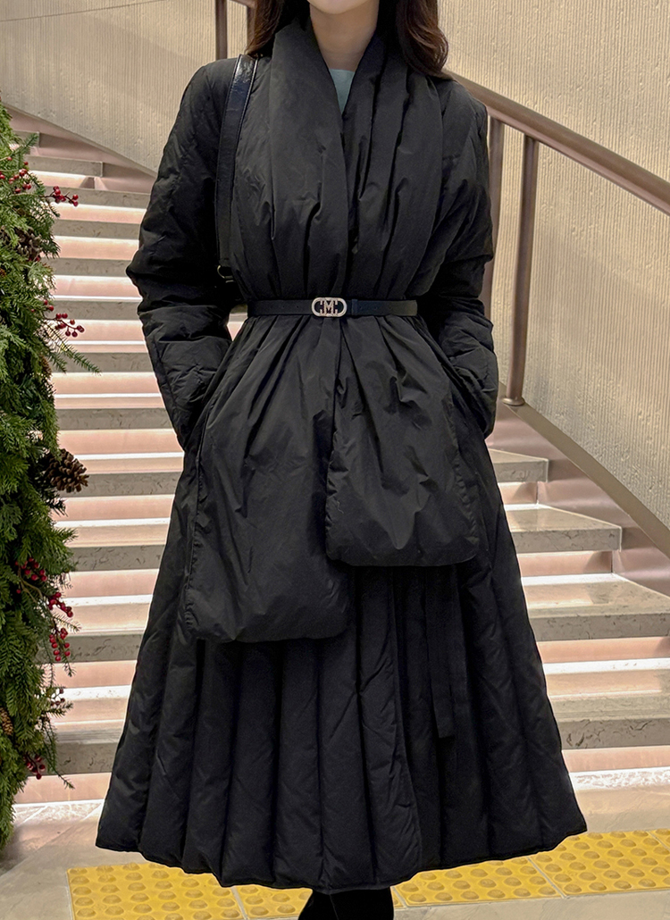 たぬきパンダ様　ポリテアマ ダウンコート 2WAY Lサイズ ブラック ダックダウンリボンラインツーポケットAラインダウンジャケット