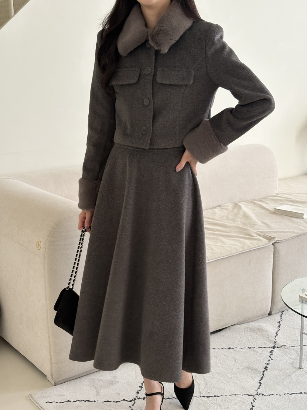 エコファーカラー肩パッドロングフレアセットアップ | 詳細画像13