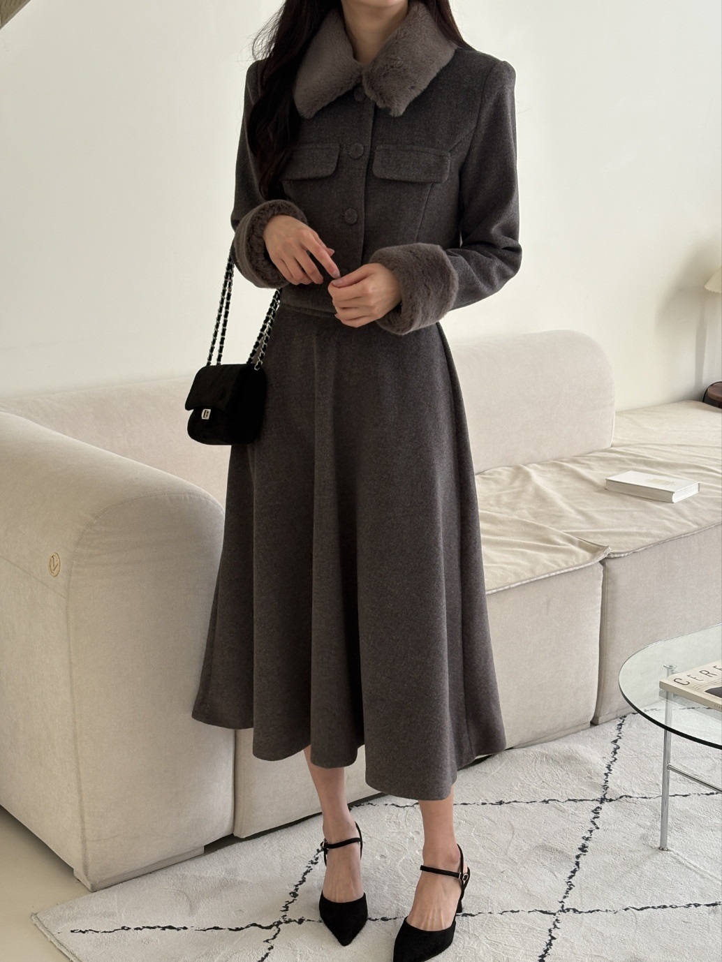 エコファーカラー肩パッドロングフレアセットアップ | 詳細画像14