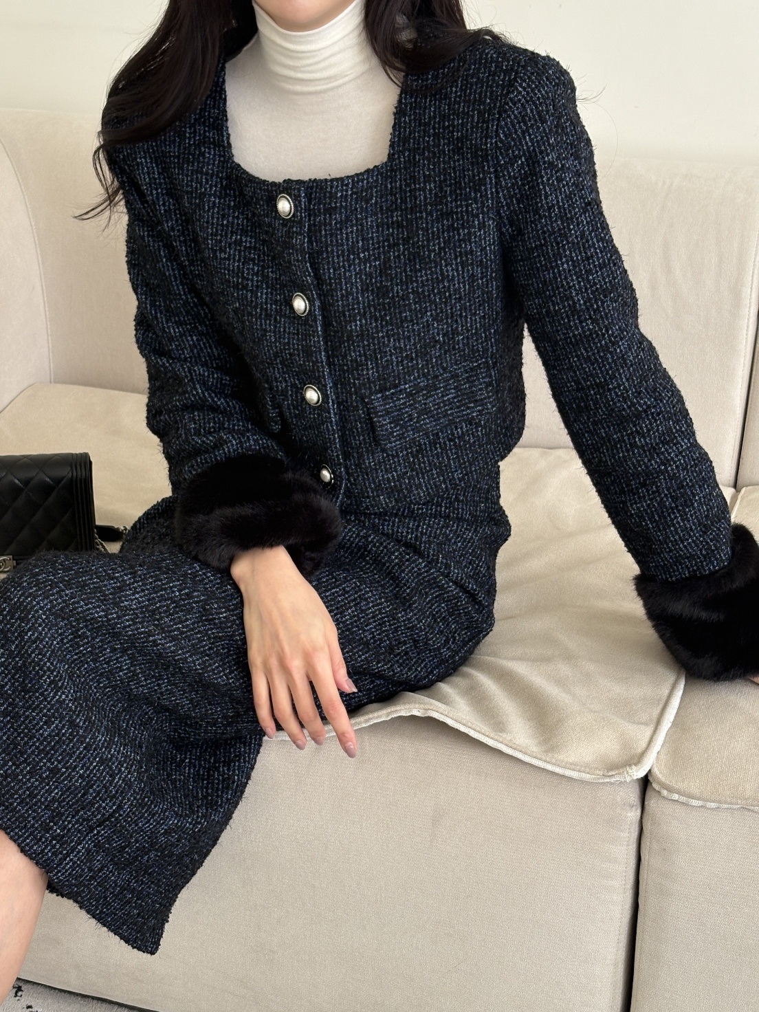 ツイードウール混エコファースクエアネック肩パッドクロップドセットアップ | 詳細画像2