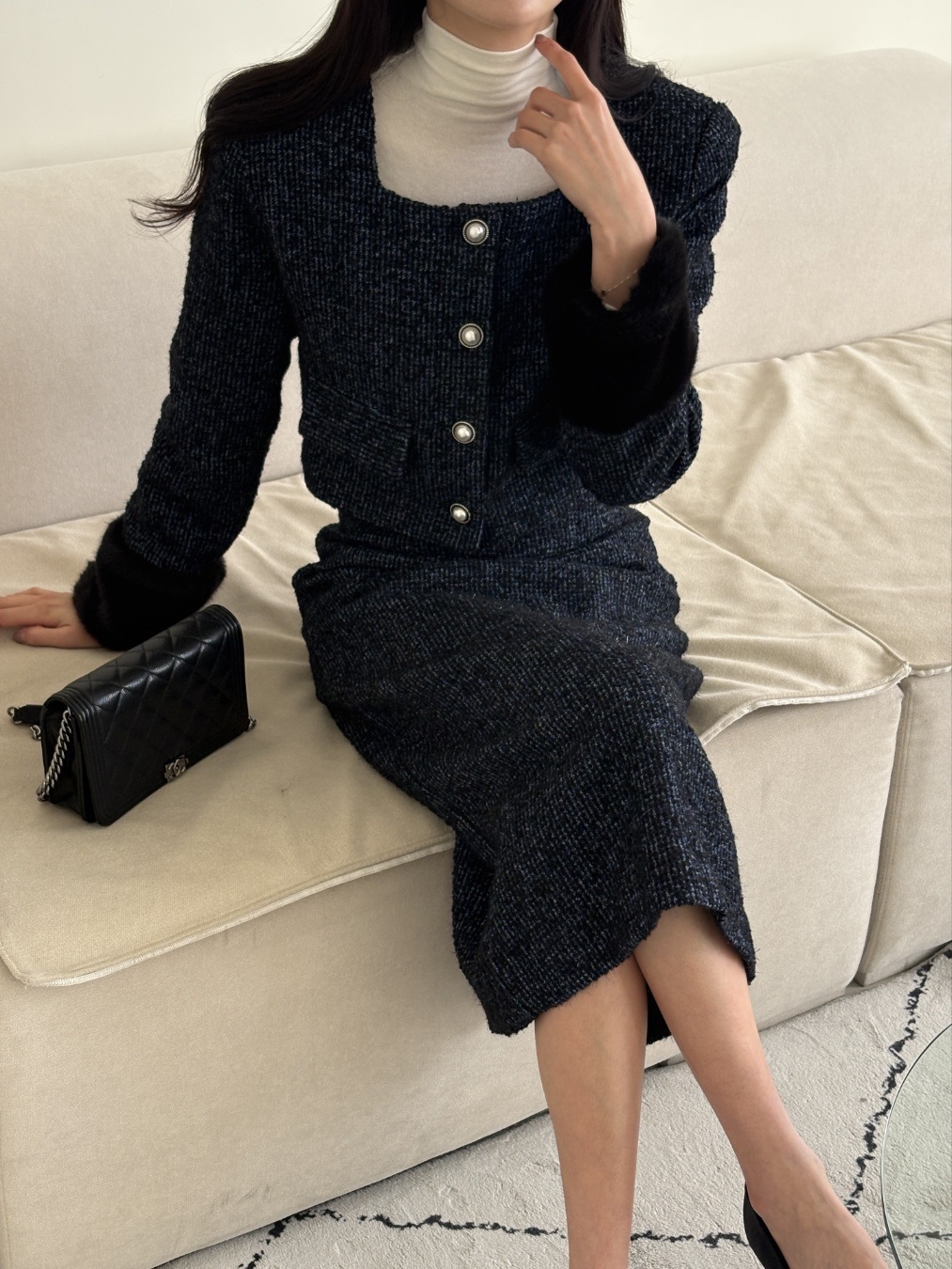 ツイードウール混エコファースクエアネック肩パッドクロップドセットアップ | 詳細画像4