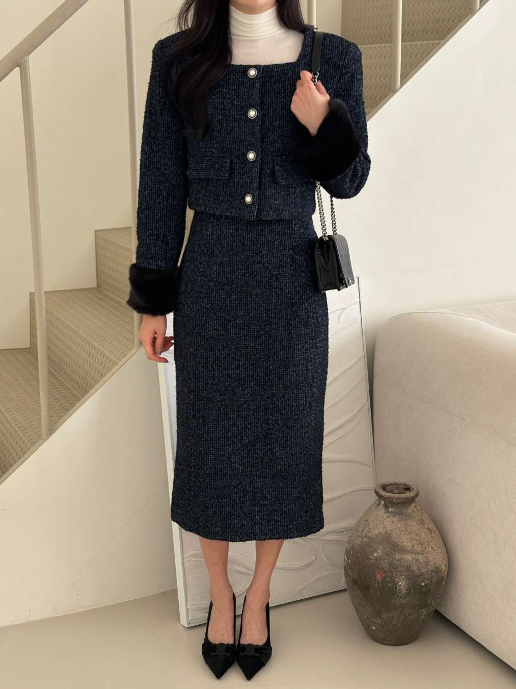 ツイードウール混エコファースクエアネック肩パッドクロップドセットアップ | 詳細画像11