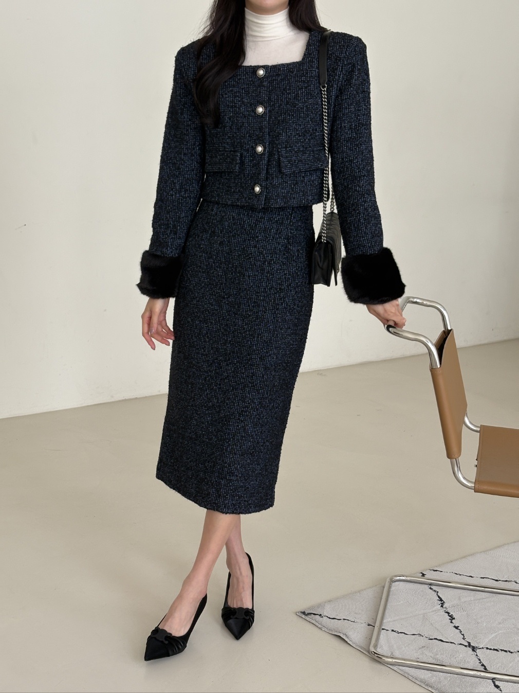 ツイードウール混エコファースクエアネック肩パッドクロップドセットアップ | 詳細画像15