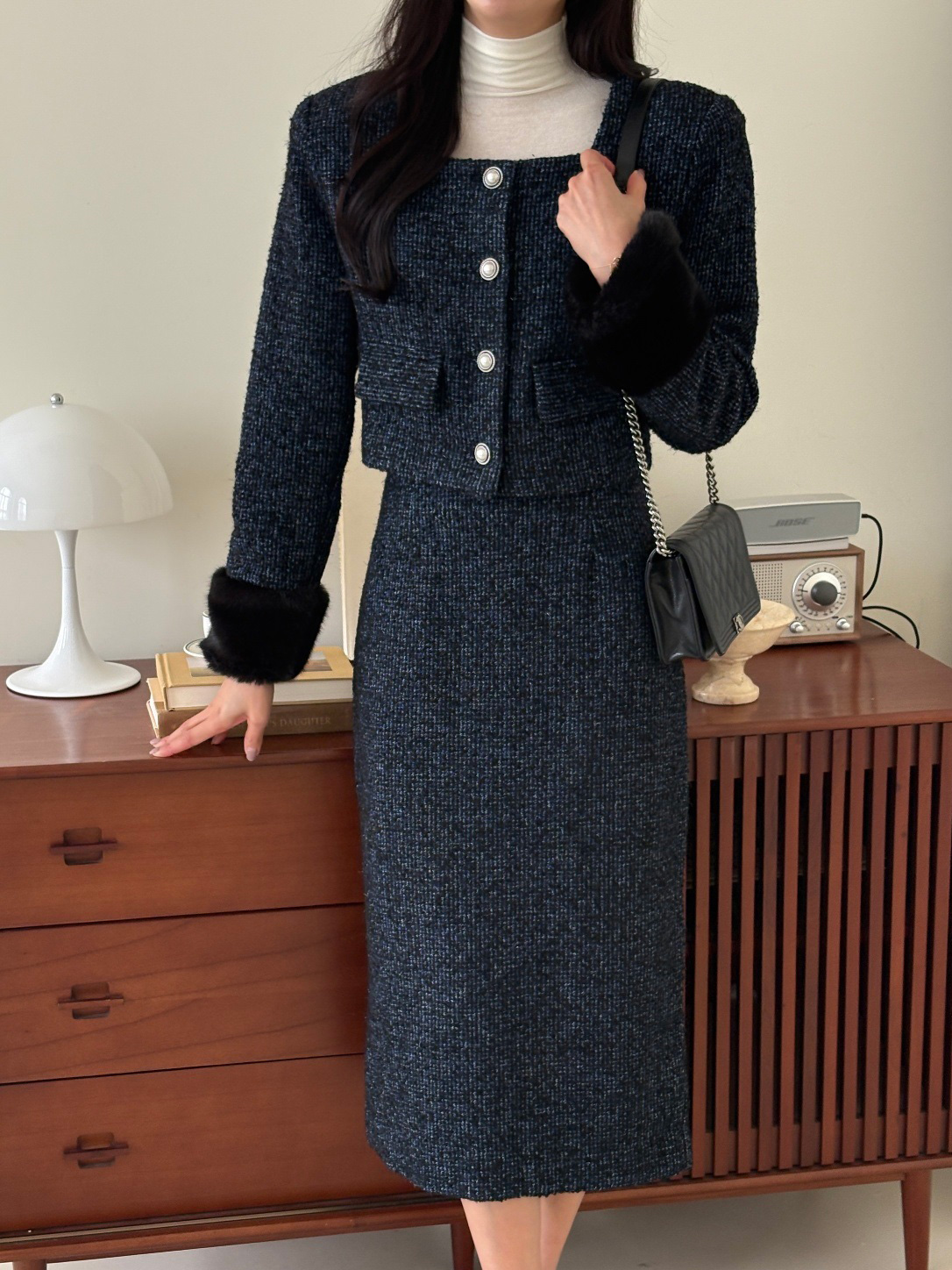 ツイードウール混エコファースクエアネック肩パッドクロップドジャケット | 詳細画像2