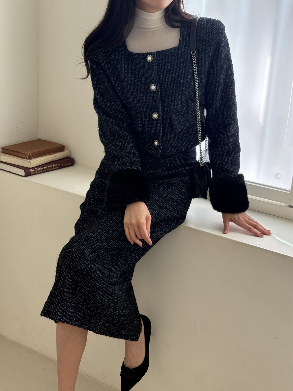 ツイードウール混エコファースクエアネック肩パッドクロップドジャケット | 詳細画像5