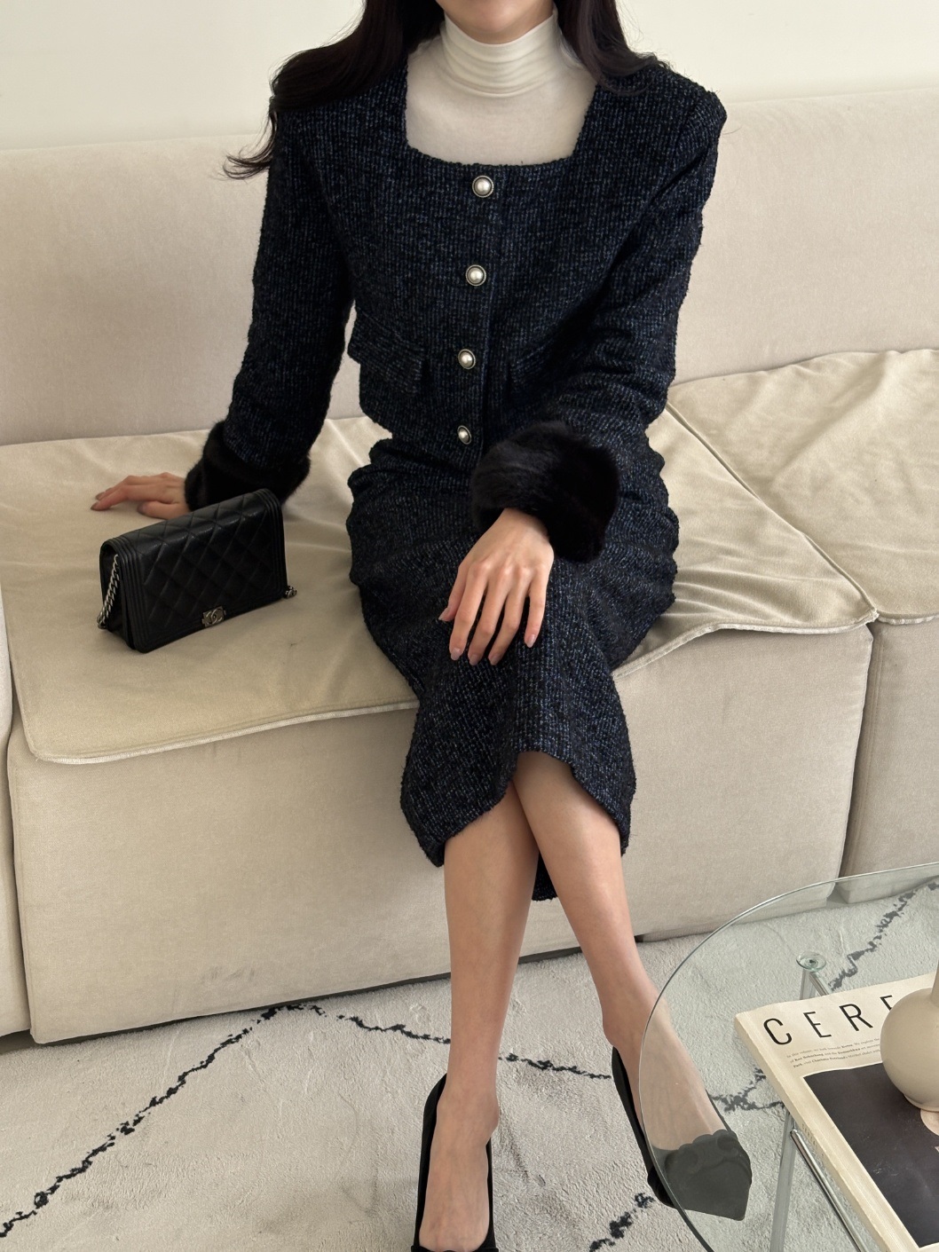 ツイードウール混エコファースクエアネック肩パッドクロップドジャケット | 詳細画像9