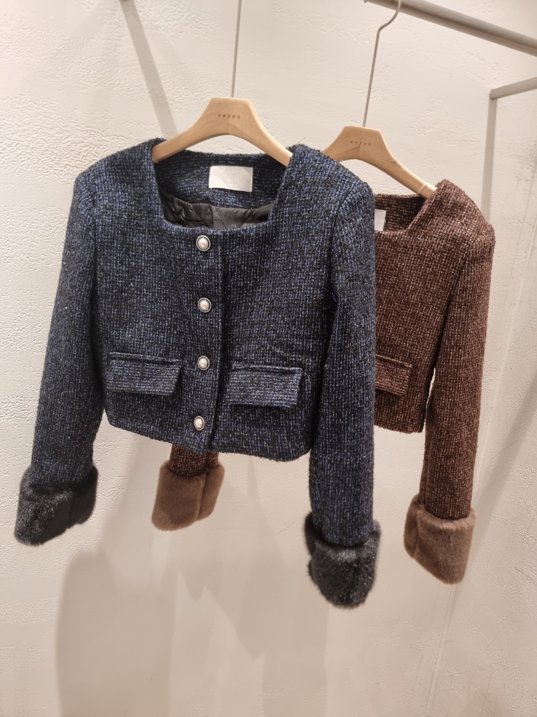 ツイードウール混エコファースクエアネック肩パッドクロップドジャケット | 詳細画像15