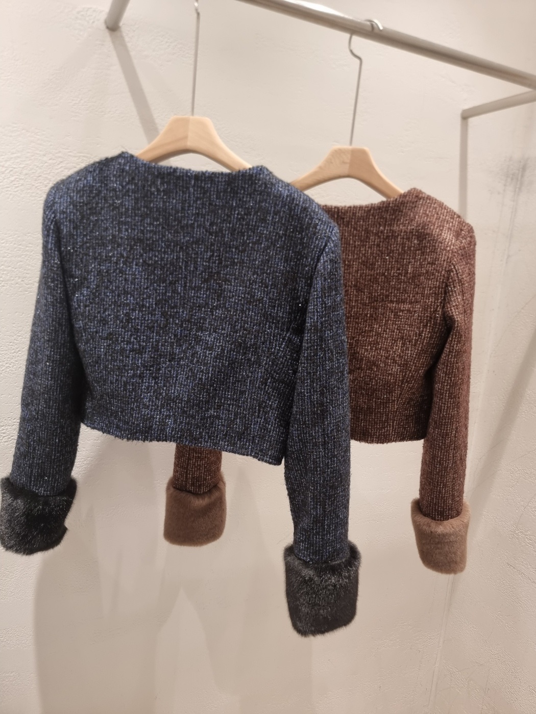 ツイードウール混エコファースクエアネック肩パッドクロップドジャケット | 詳細画像17