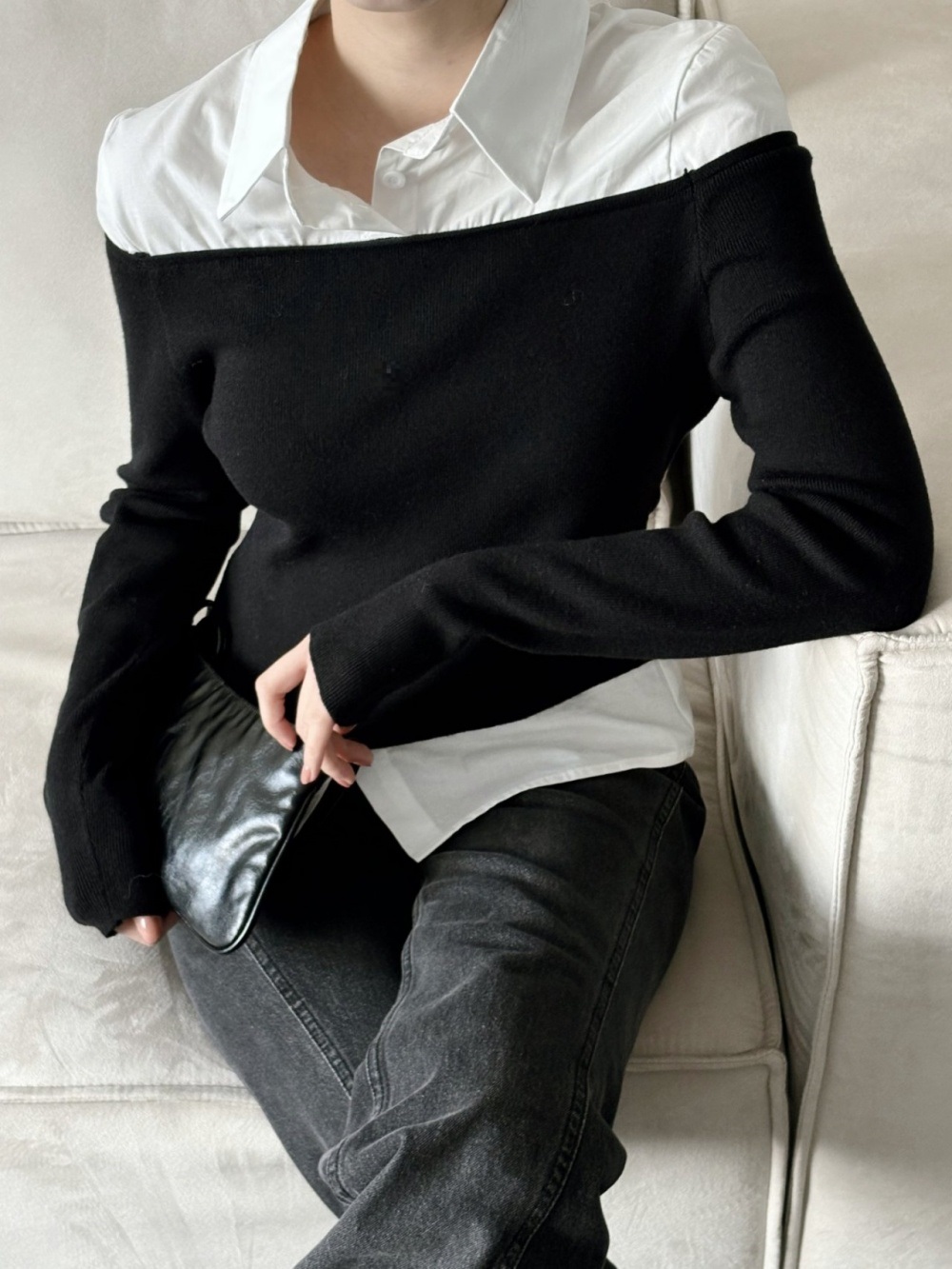 コンビカラーオフショルダーレイヤード風ブラウスニット | 詳細画像4