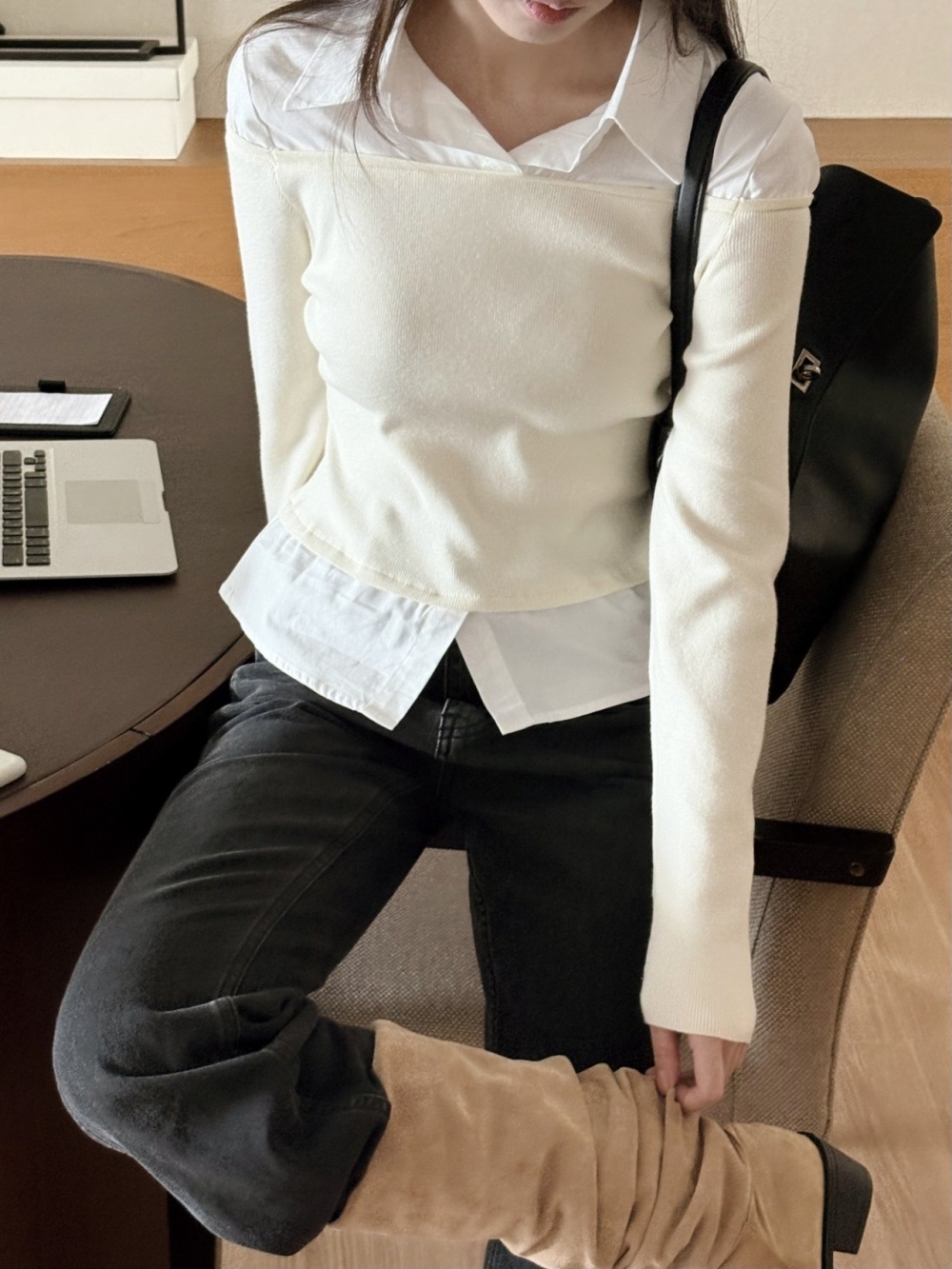 コンビカラーオフショルダーレイヤード風ブラウスニット | 詳細画像5