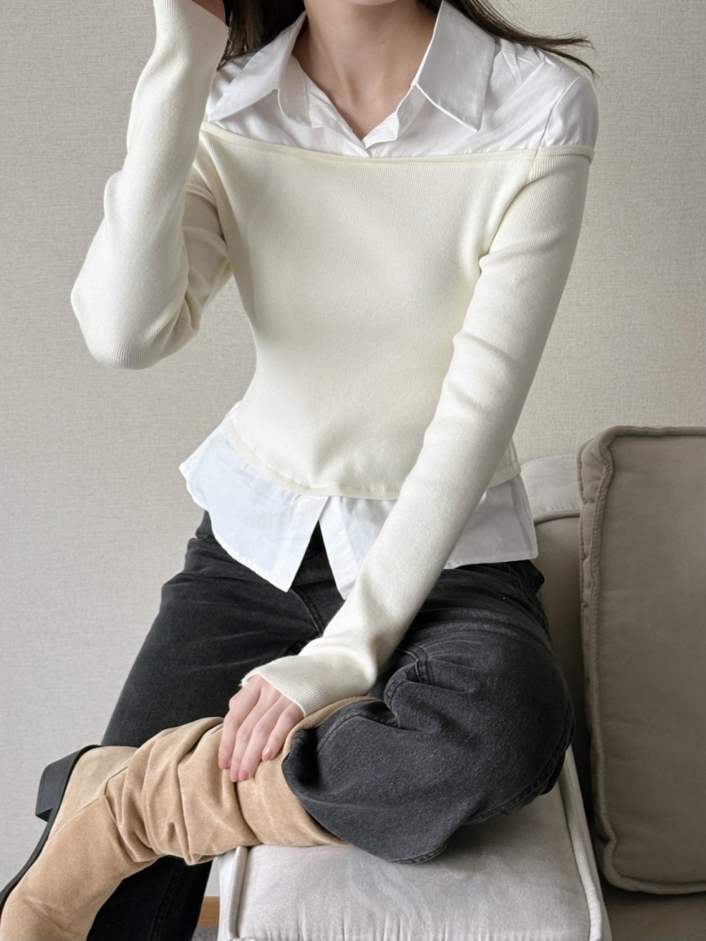 コンビカラーオフショルダーレイヤード風ブラウスニット | 詳細画像10