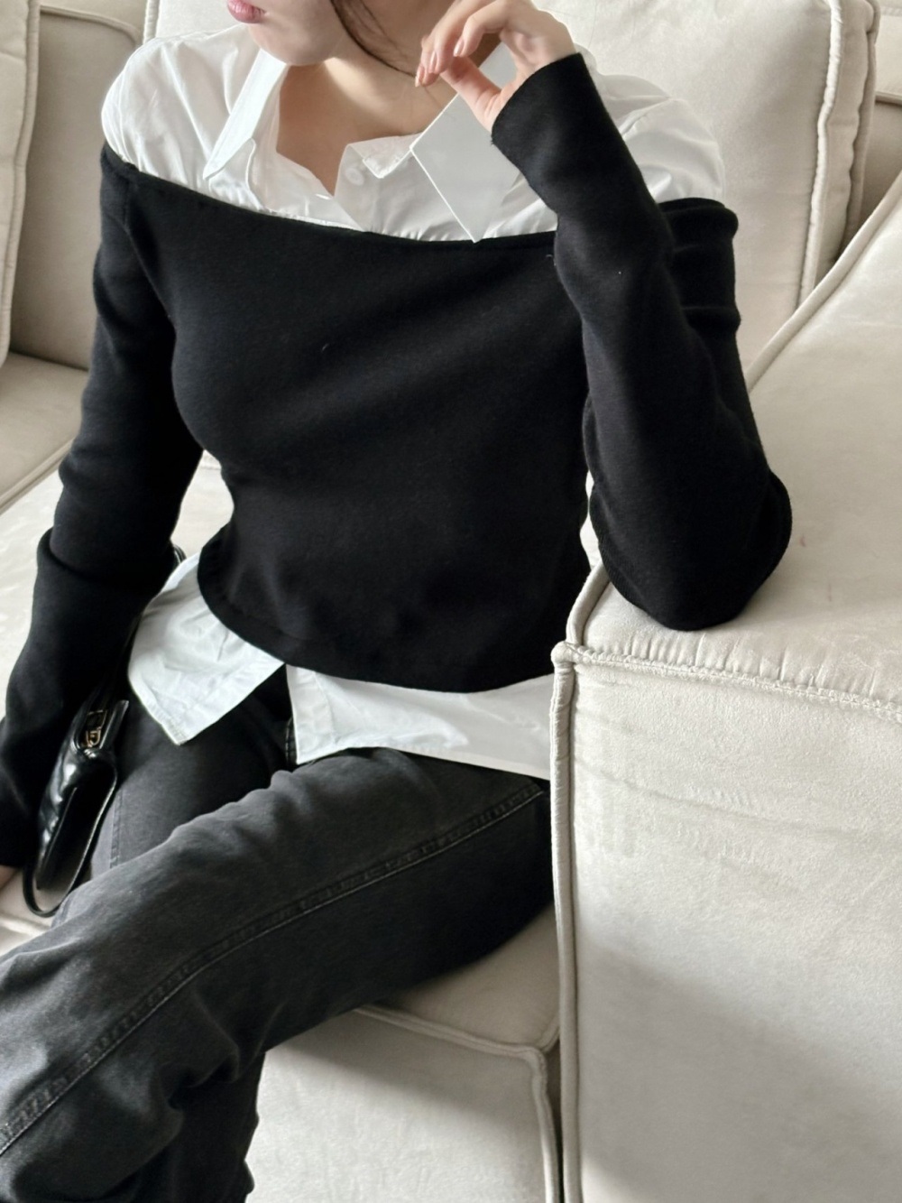 コンビカラーオフショルダーレイヤード風ブラウスニット | 詳細画像11