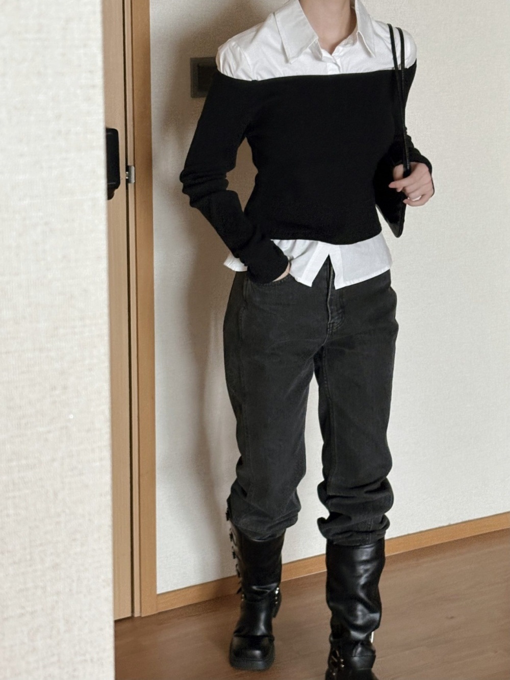 コンビカラーオフショルダーレイヤード風ブラウスニット | 詳細画像13