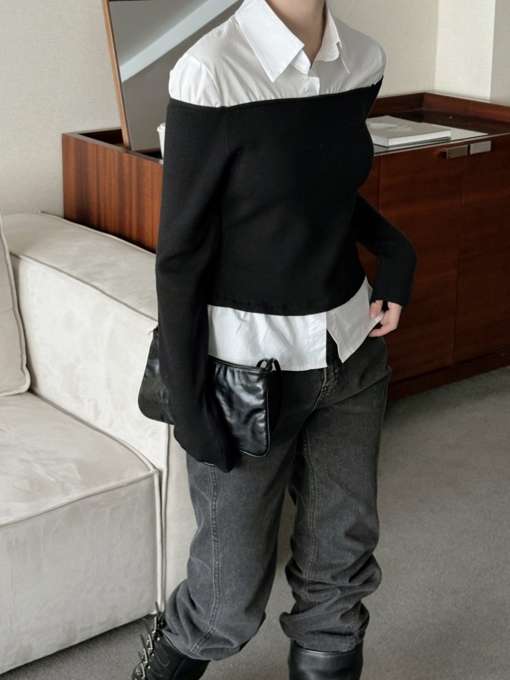 コンビカラーオフショルダーレイヤード風ブラウスニット | 詳細画像14