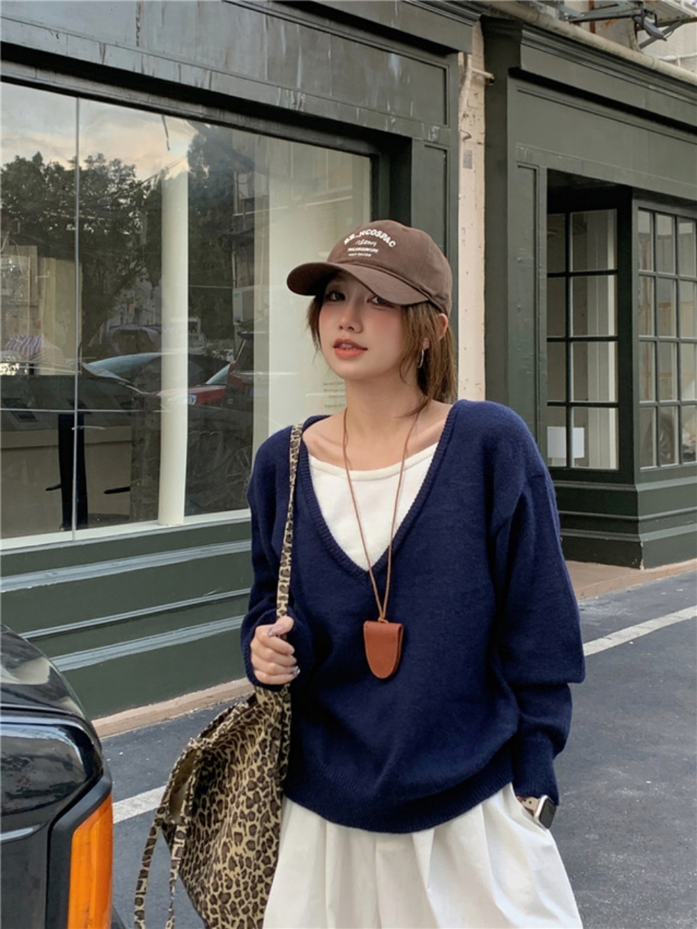 Vネックレイヤード風ルーズ配色ニット | 詳細画像7