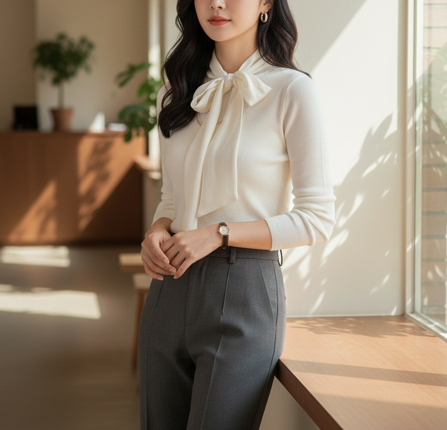 シフォンコンビスリムレイヤード風長袖スカーフネックニット | 詳細画像3