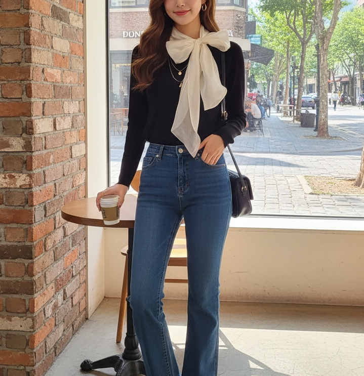 シフォンコンビスリムレイヤード風長袖スカーフネックニット | 詳細画像2