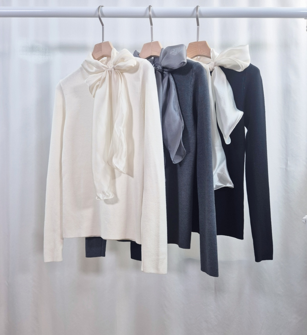 シフォンコンビスリムレイヤード風長袖スカーフネックニット | 詳細画像7