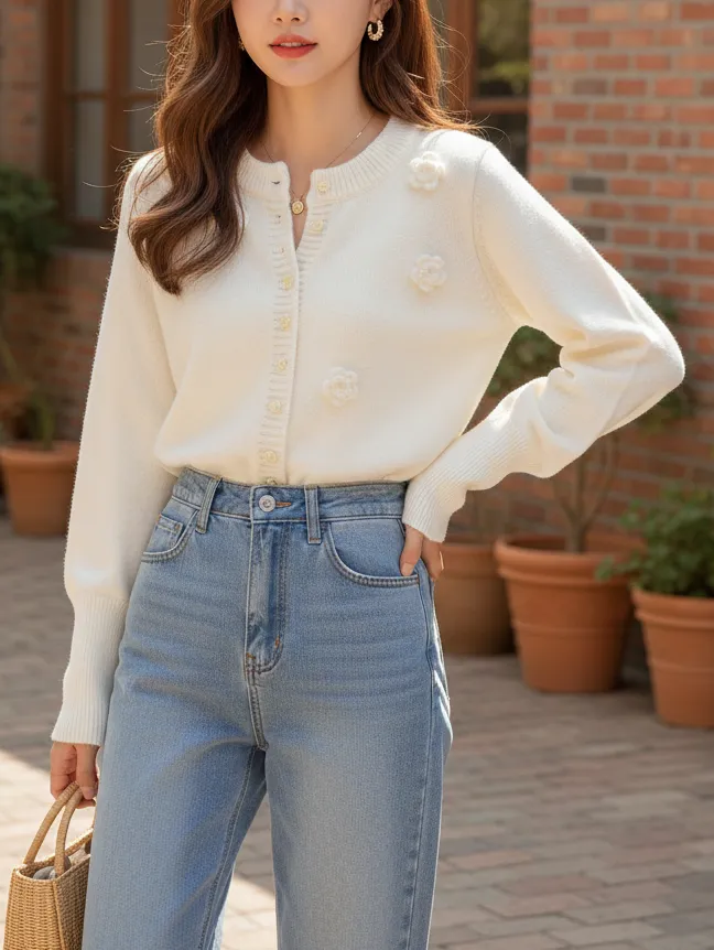 ニットボタンラウンドネックベーシック長袖花柄カーディガン | 詳細画像1