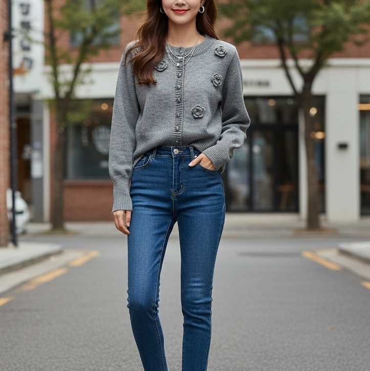 ニットボタンラウンドネックベーシック長袖花柄カーディガン | 詳細画像2