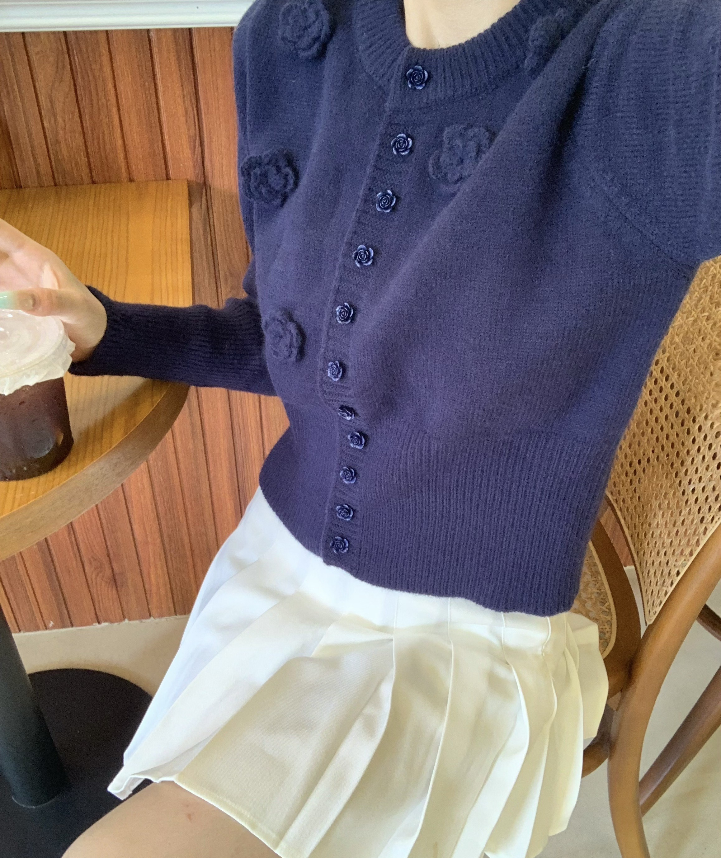 ニットボタンラウンドネックベーシック長袖花柄カーディガン | 詳細画像7