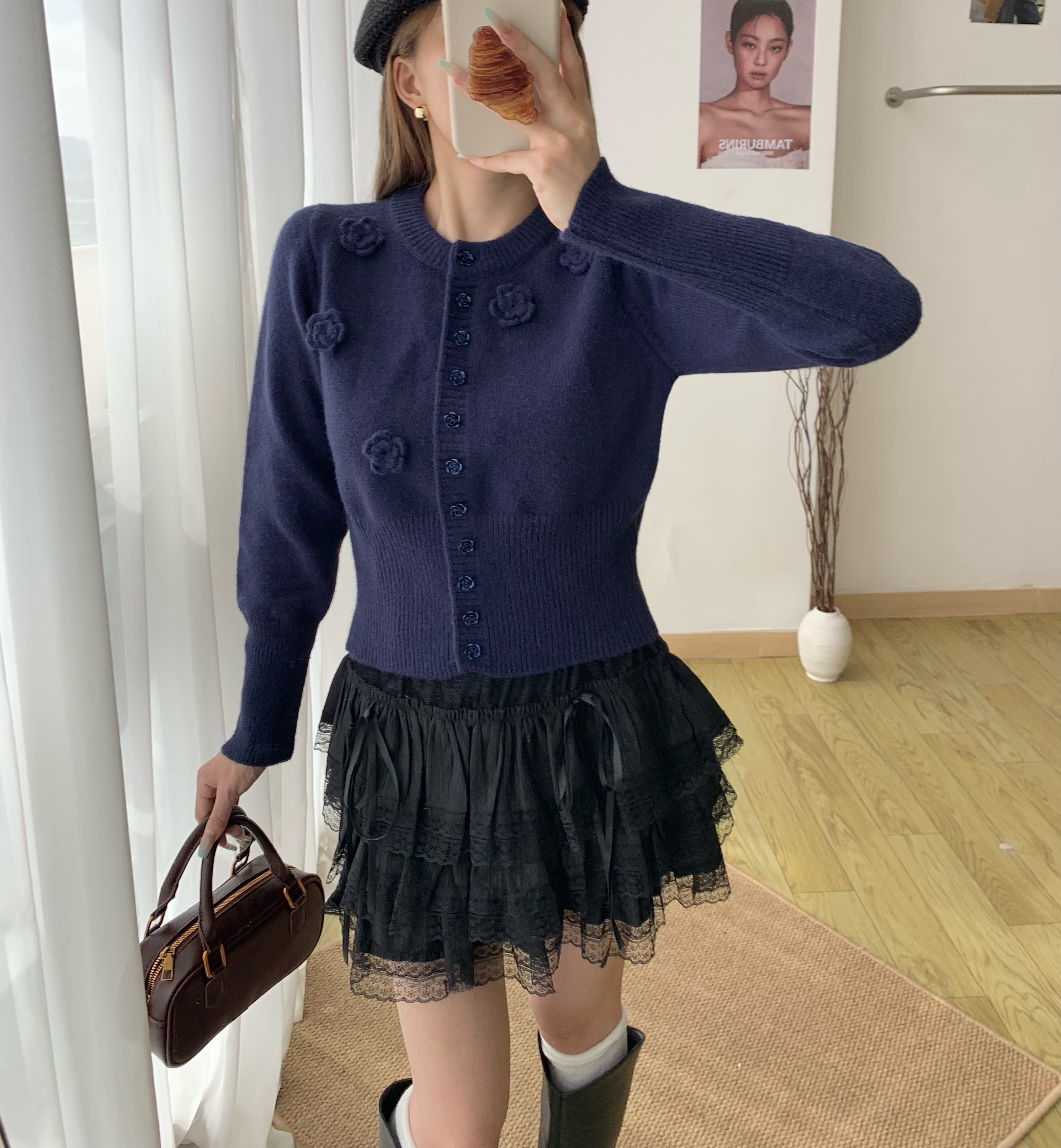 ニットボタンラウンドネックベーシック長袖花柄カーディガン | 詳細画像8