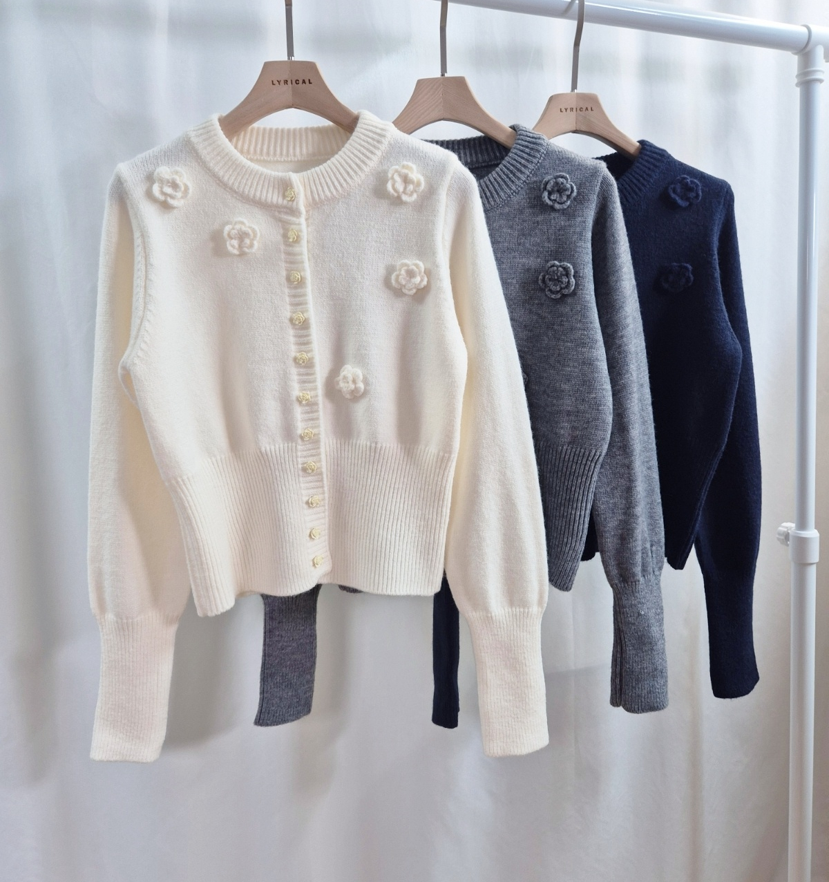 ニットボタンラウンドネックベーシック長袖花柄カーディガン | 詳細画像9