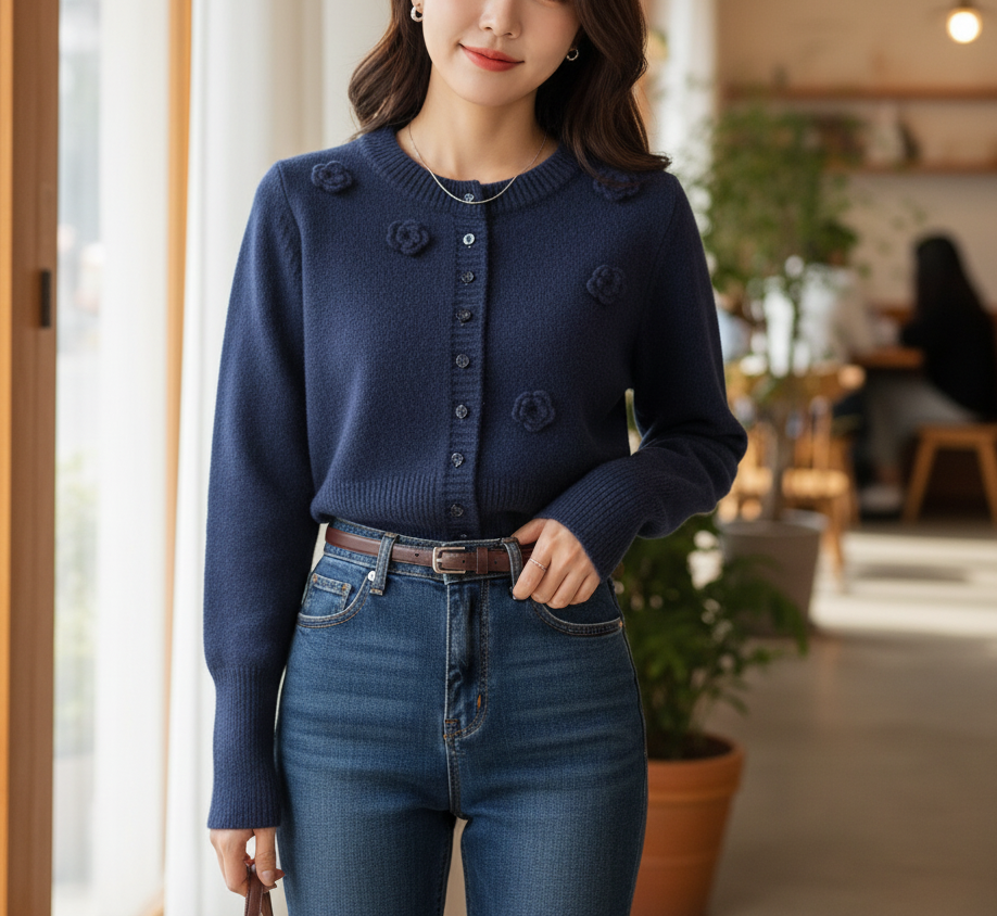 ニットボタンラウンドネックベーシック長袖花柄カーディガン | 詳細画像6