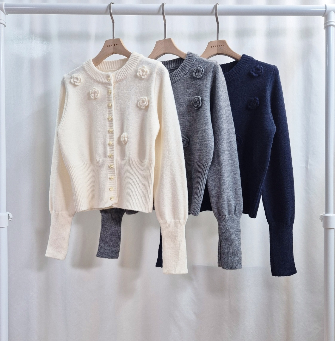 ニットボタンラウンドネックベーシック長袖花柄カーディガン | 詳細画像15