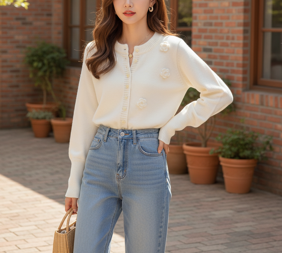 ニットボタンラウンドネックベーシック長袖花柄カーディガン | 詳細画像5