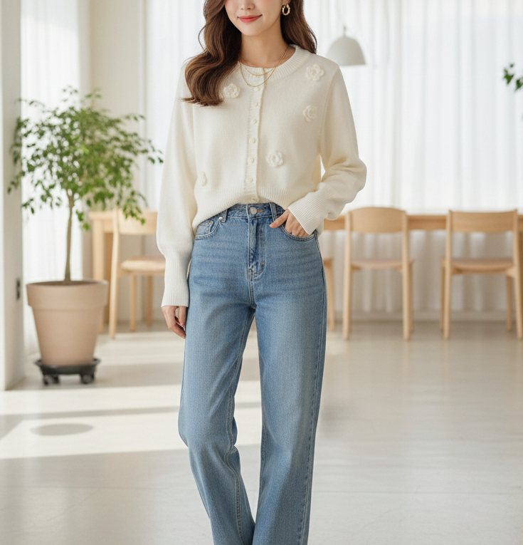 ニットボタンラウンドネックベーシック長袖花柄カーディガン | 詳細画像4