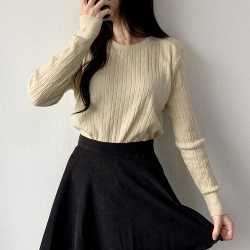 ニットウール混ラウンドネックベーシック長袖ケーブルニット | 詳細画像2