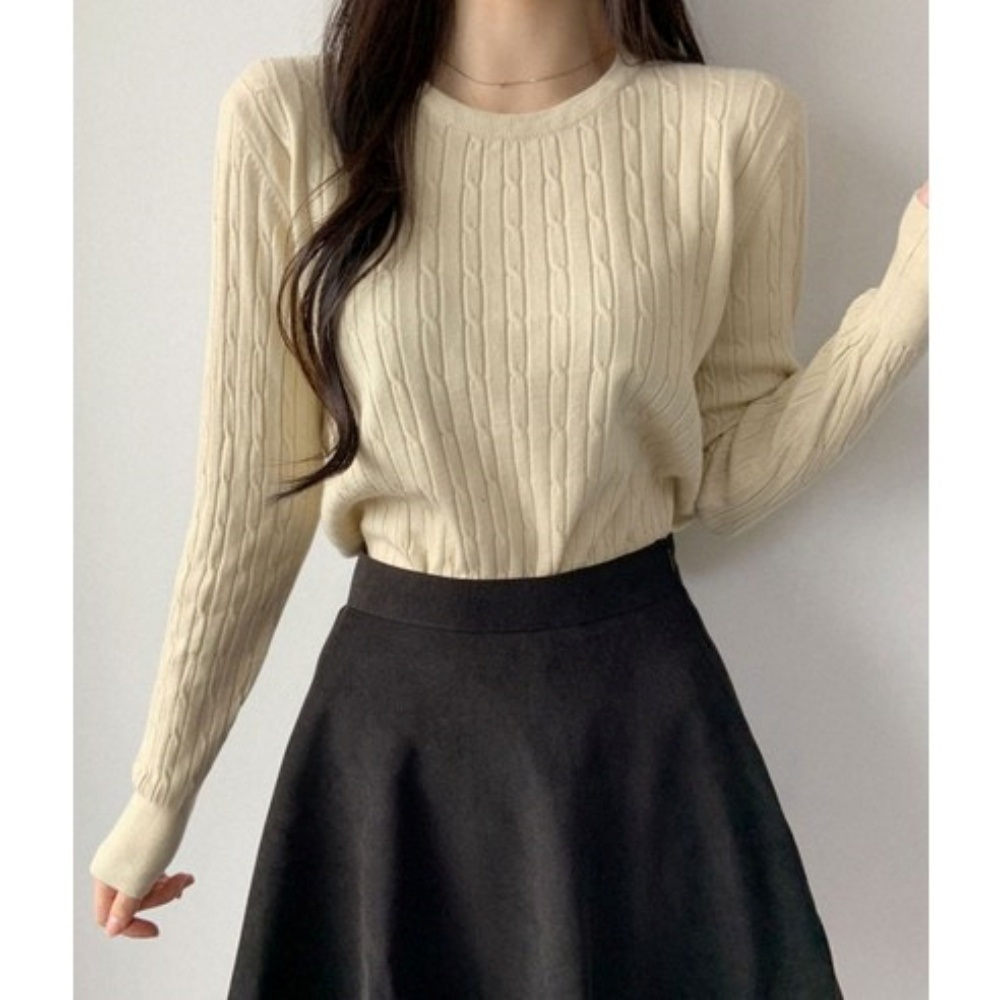 ニットウール混ラウンドネックベーシック長袖ケーブルニット | 詳細画像4