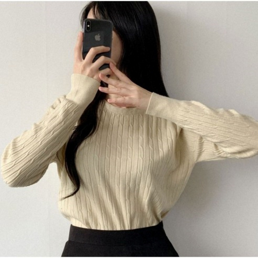 ニットウール混ラウンドネックベーシック長袖ケーブルニット | 詳細画像5