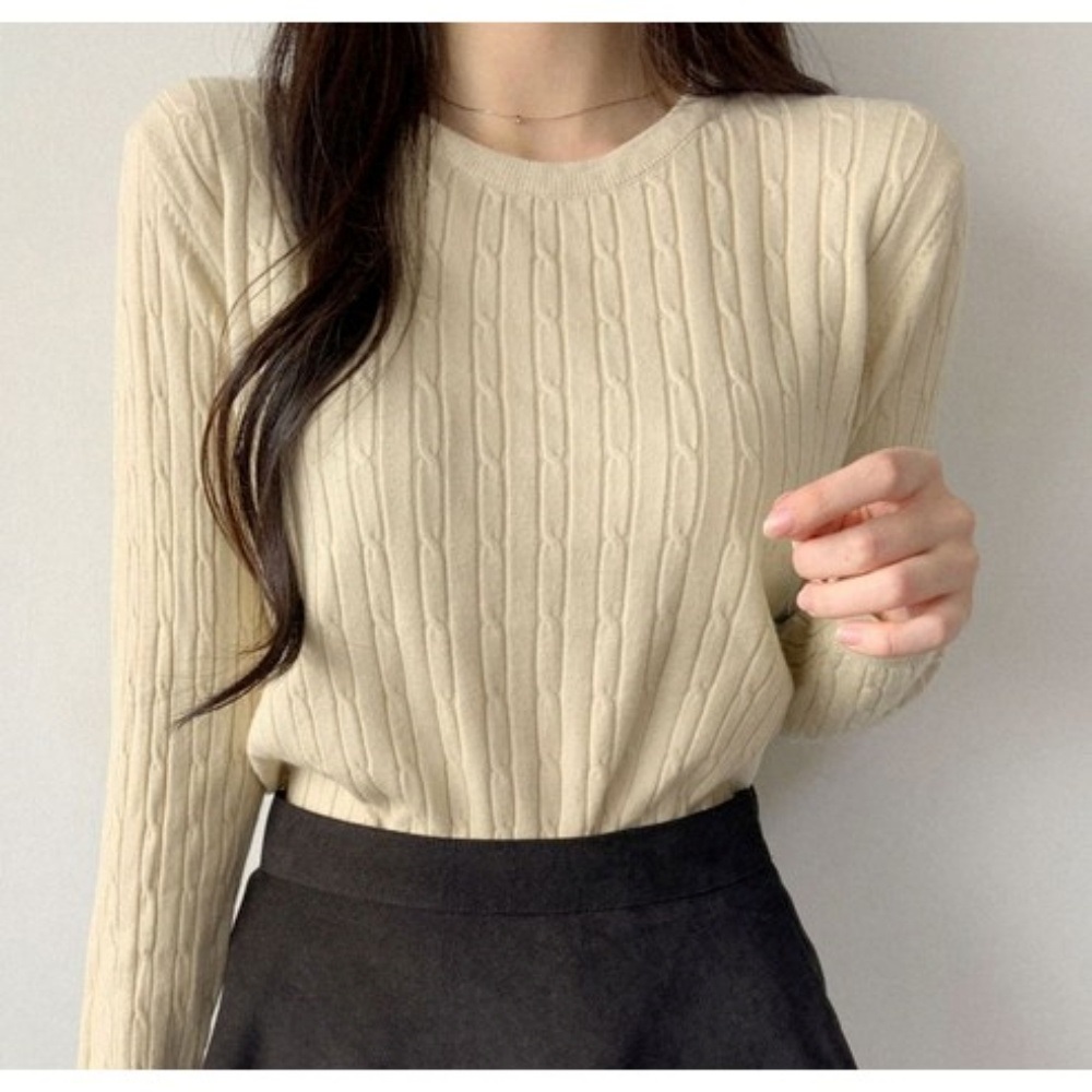 ニットウール混ラウンドネックベーシック長袖ケーブルニット | 詳細画像6