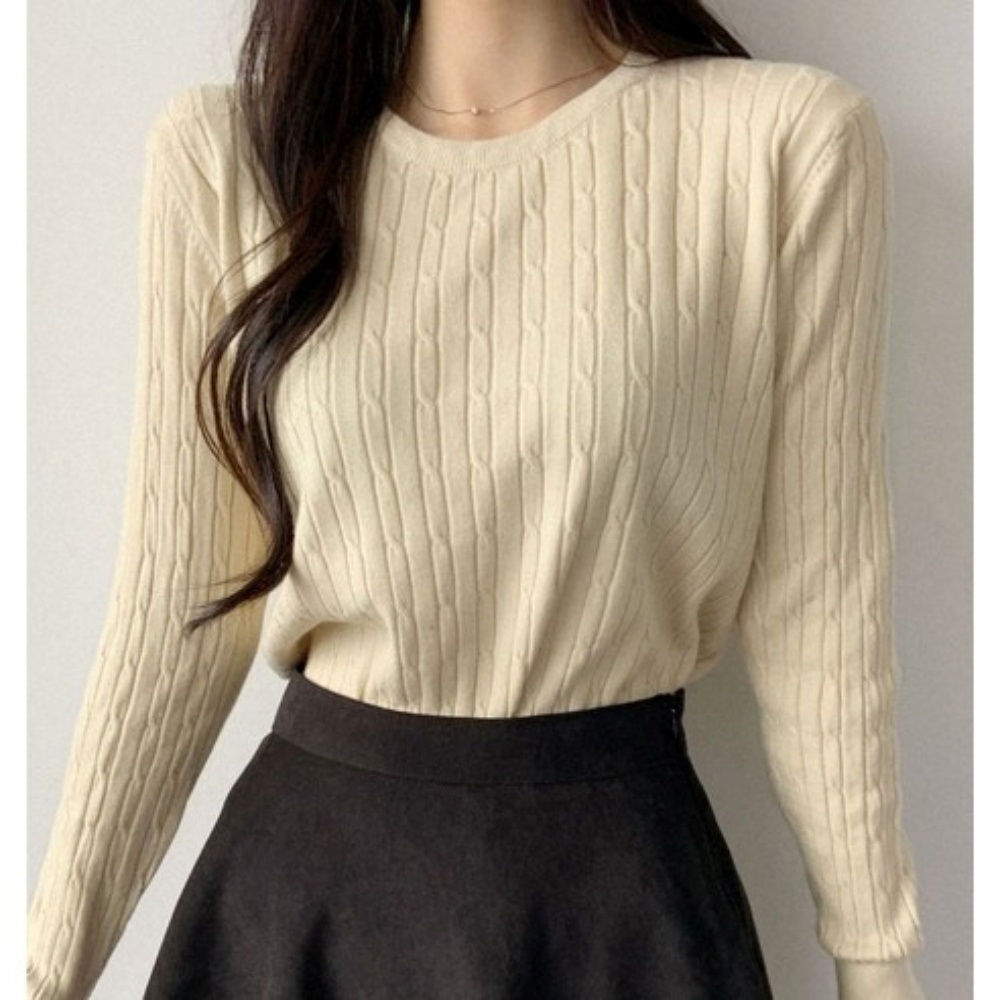 ニットウール混ラウンドネックベーシック長袖ケーブルニット | 詳細画像7