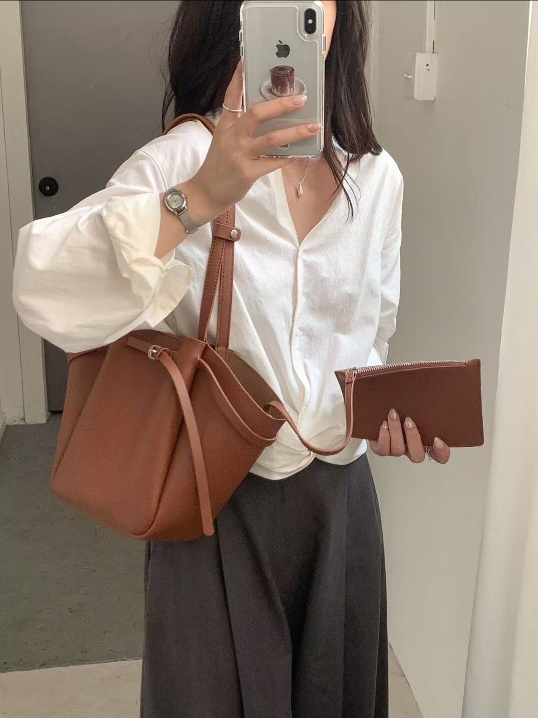 レザー調トートバッグショルダーバッグポーチ付 | 詳細画像15