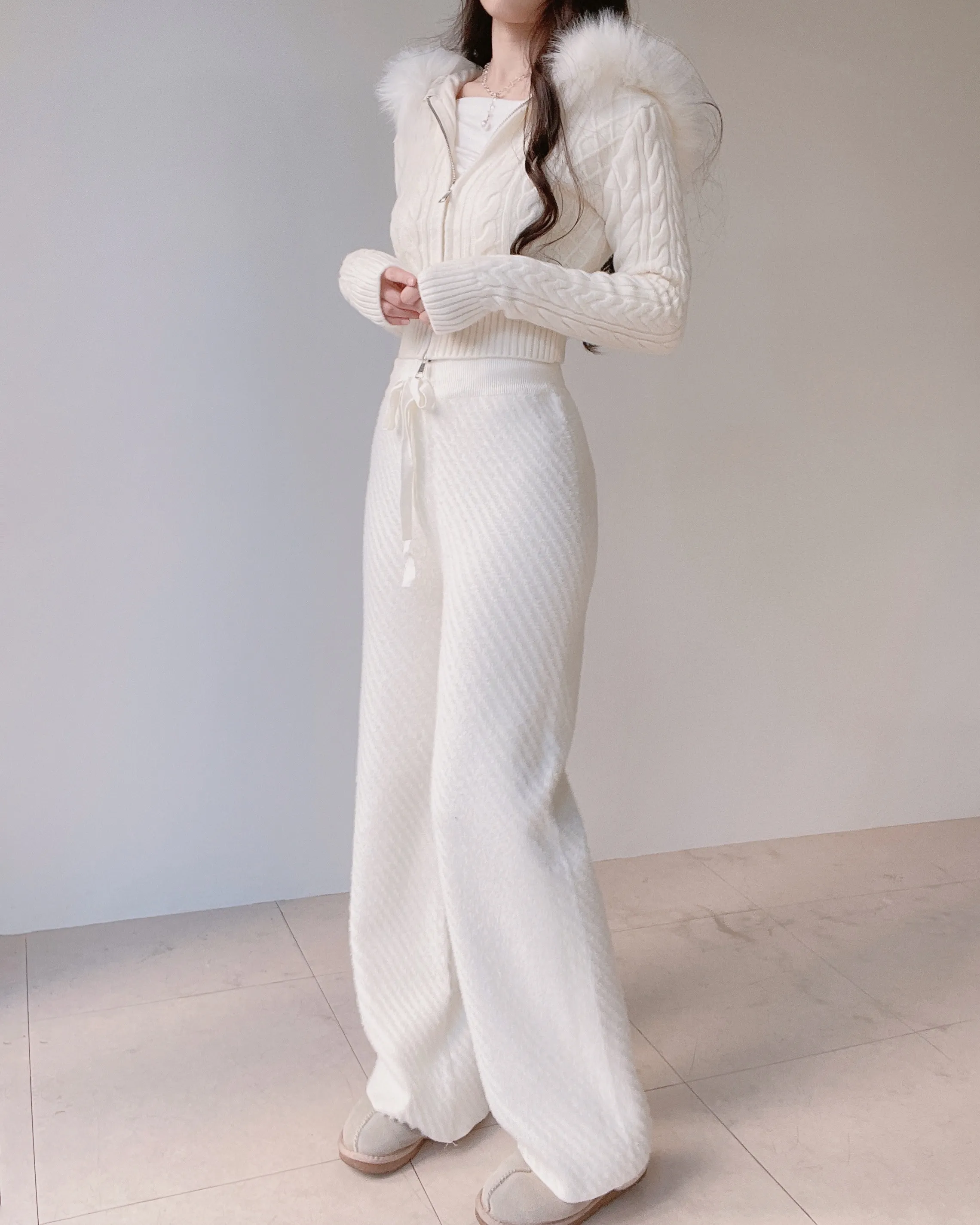 エコファーニットドローストリングワイドダイアゴナルパンツ | mirangmirang | 詳細画像8