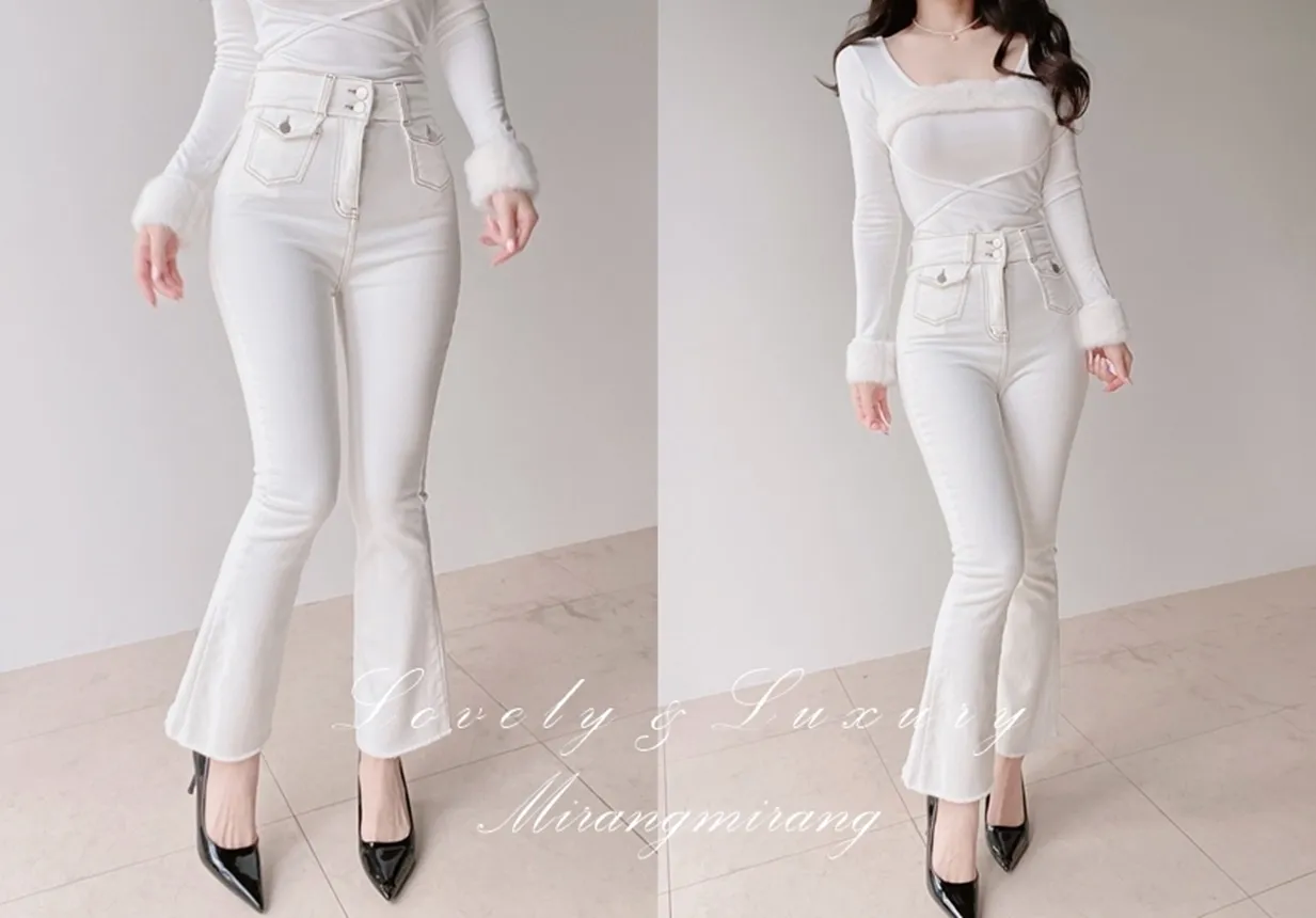 裏起毛ハイウエストブーツカットステッチツーボタンフラップポケットパンツ | mirangmirang | 詳細画像1