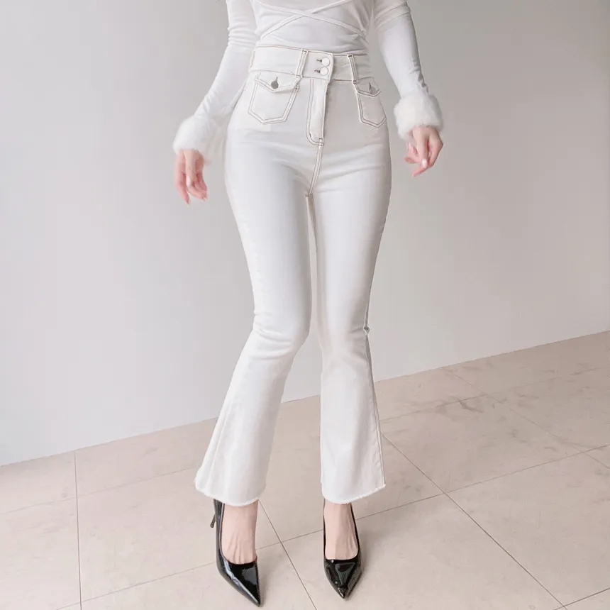 裏起毛ハイウエストブーツカットステッチツーボタンフラップポケットパンツ | mirangmirang | 詳細画像3