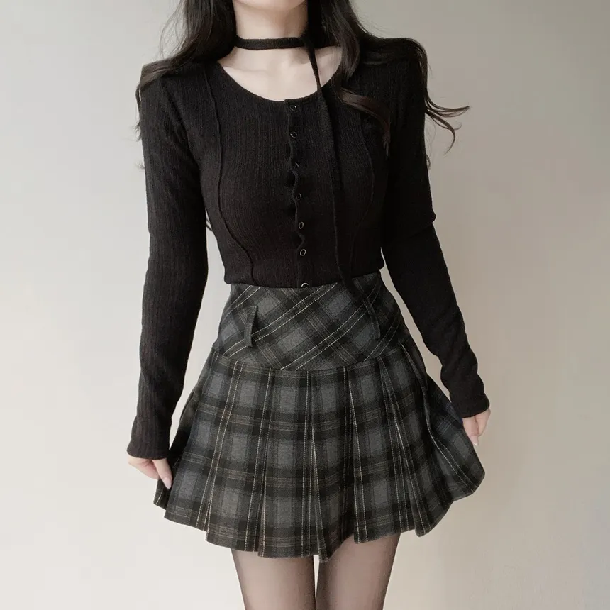 プリーツAラインサイドジップミニチェックスカート | mirangmirang | 詳細画像35