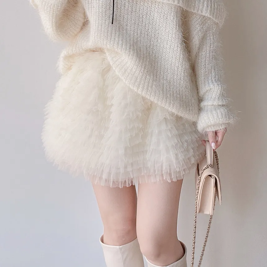 チュールフリルティアードウエストゴムミニスカート | mirangmirang | 詳細画像2